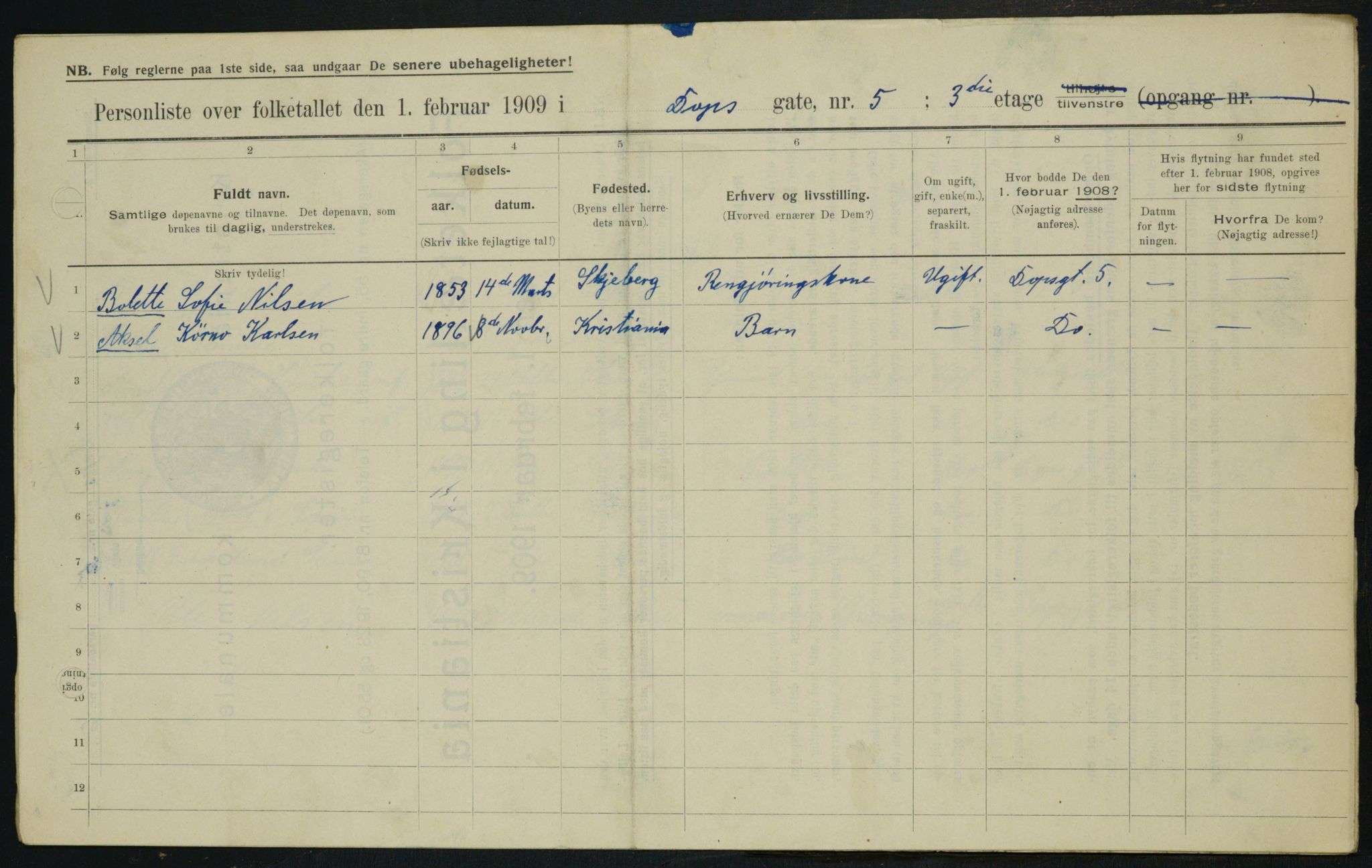 OBA, Municipal Census 1909 for Kristiania, 1909, p. 14515