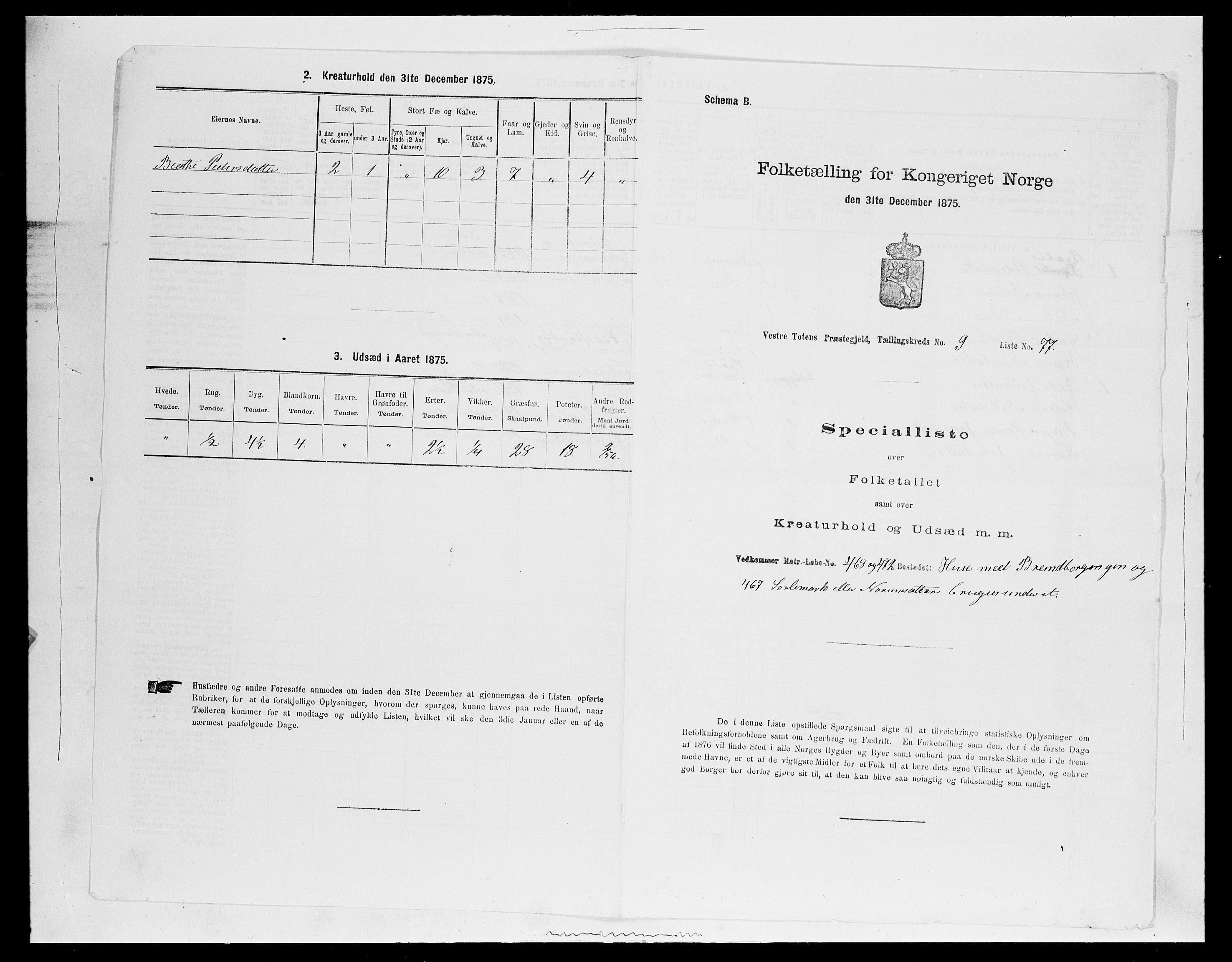 SAH, 1875 census for 0529P Vestre Toten, 1875, p. 1847