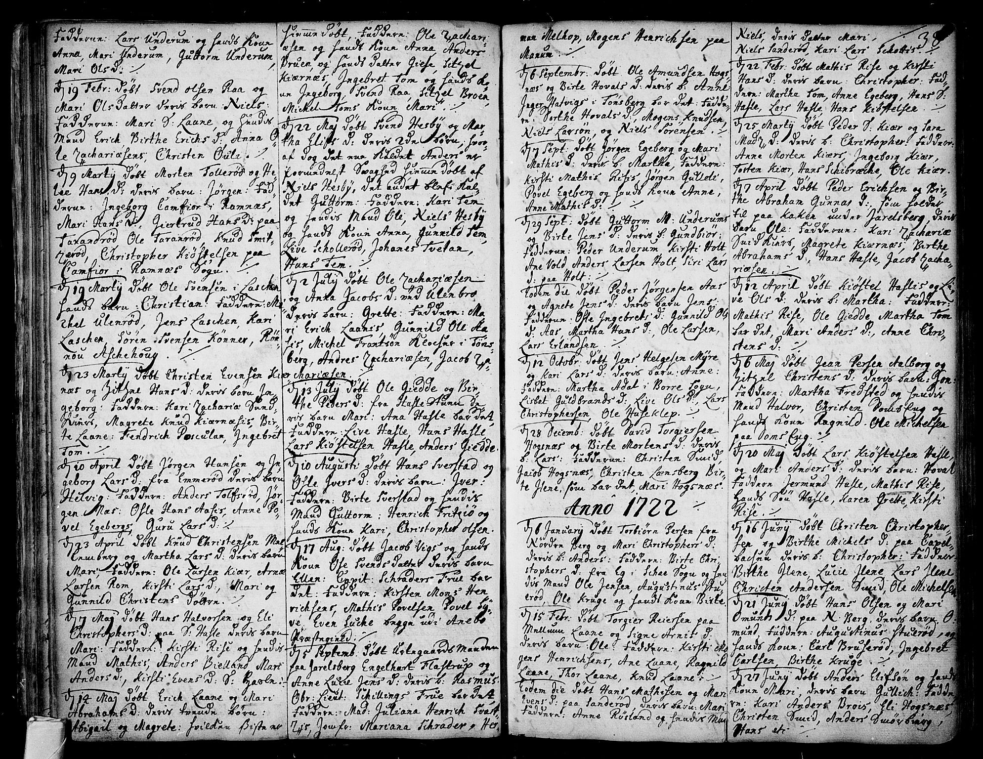 Sem kirkebøker, SAKO/A-5/F/Fa/L0001: Parish register (official) no. I 1, 1702-1763, p. 38
