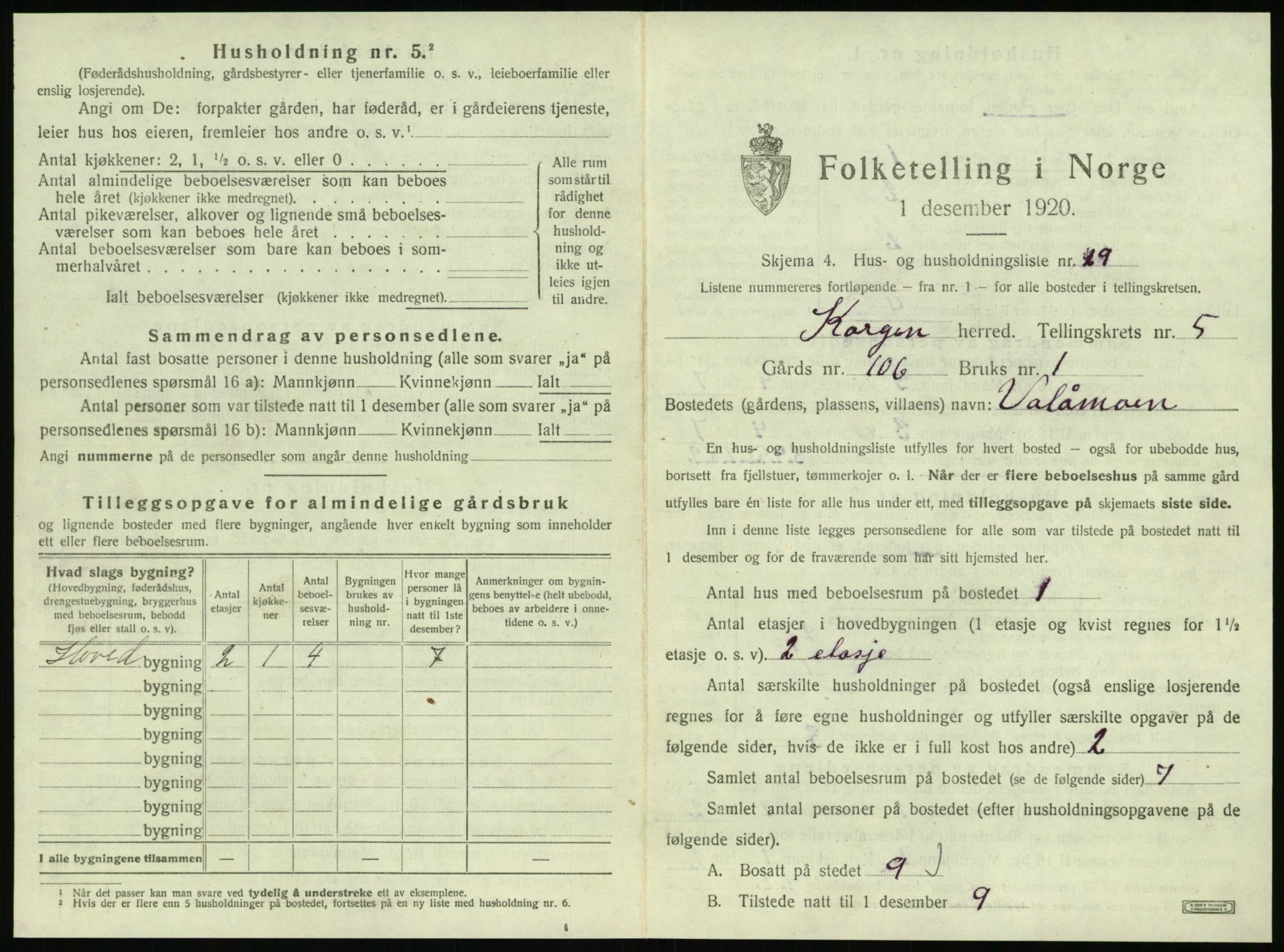 SAT, 1920 census for Korgen, 1920, p. 354