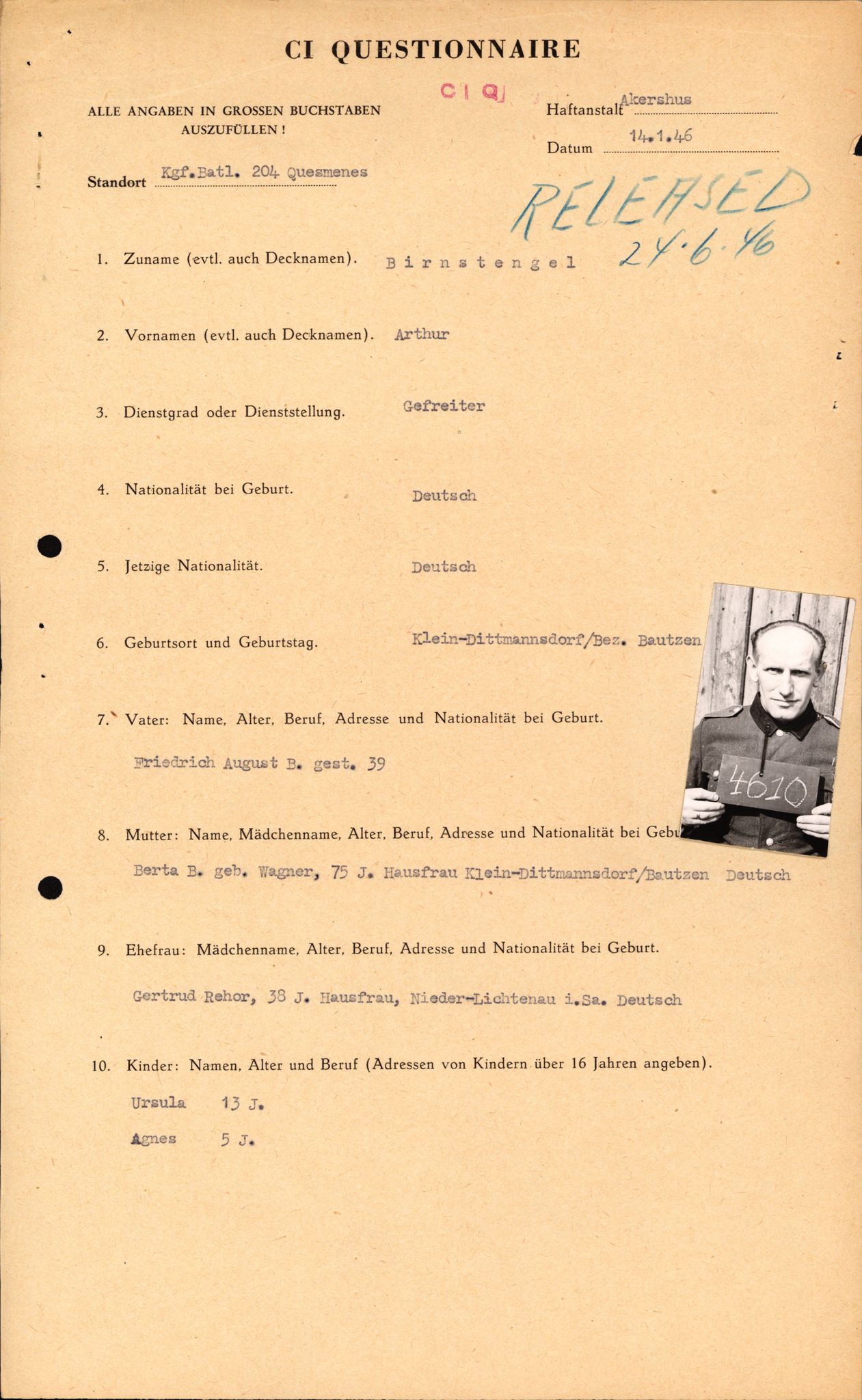 Forsvaret, Forsvarets overkommando II, AV/RA-RAFA-3915/D/Db/L0003: CI Questionaires. Tyske okkupasjonsstyrker i Norge. Tyskere., 1945-1946, p. 207