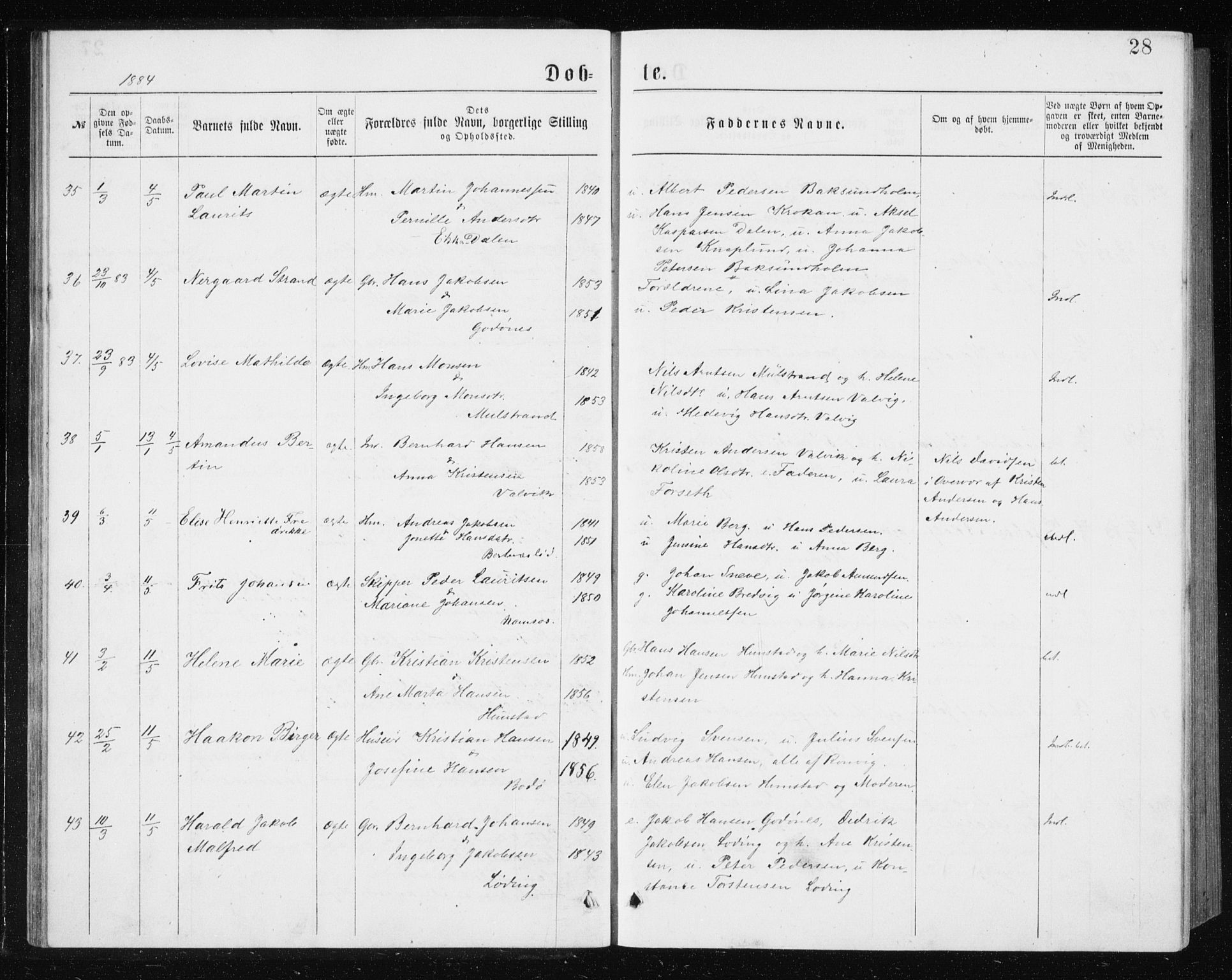 Ministerialprotokoller, klokkerbøker og fødselsregistre - Nordland, AV/SAT-A-1459/801/L0031: Parish register (copy) no. 801C06, 1883-1887, p. 28