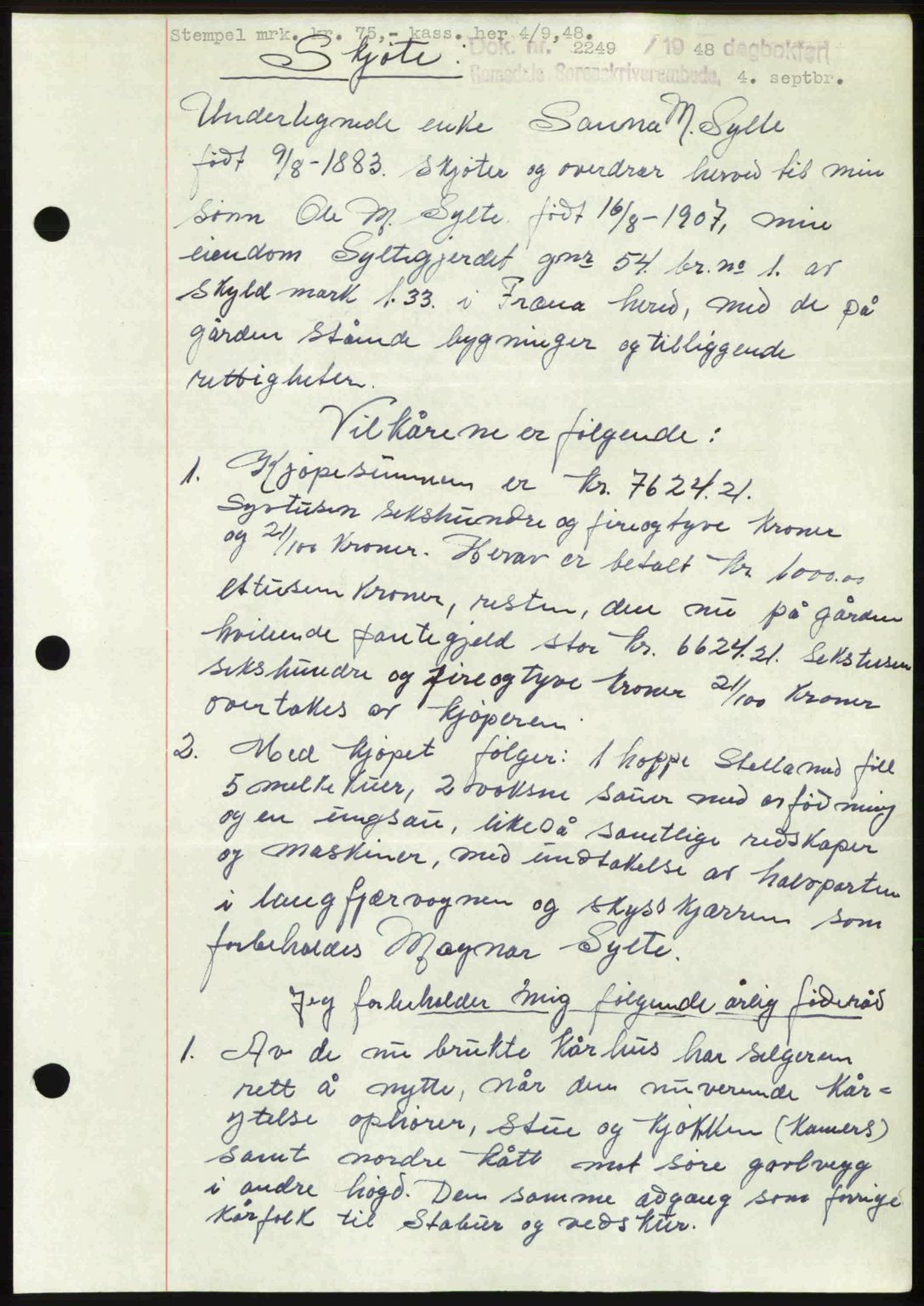 Romsdal sorenskriveri, AV/SAT-A-4149/1/2/2C: Mortgage book no. A27, 1948-1948, Diary no: : 2249/1948