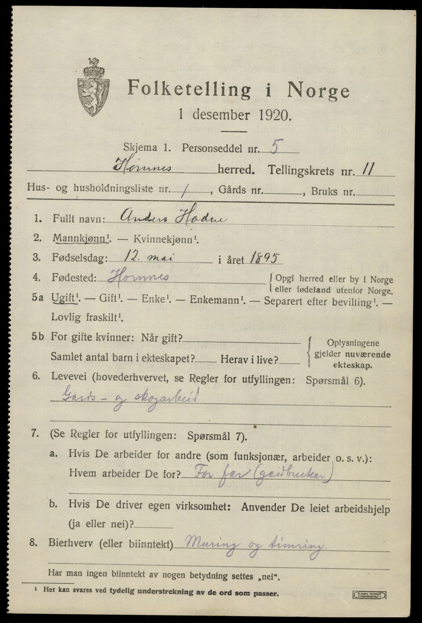 SAK, 1920 census for Hornnes, 1920, p. 2643