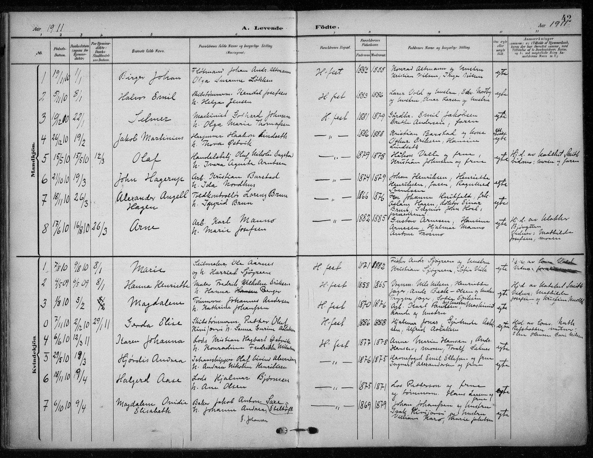 Hammerfest sokneprestkontor, SATØ/S-1347/H/Ha/L0014.kirke: Parish register (official) no. 14, 1906-1916, p. 42