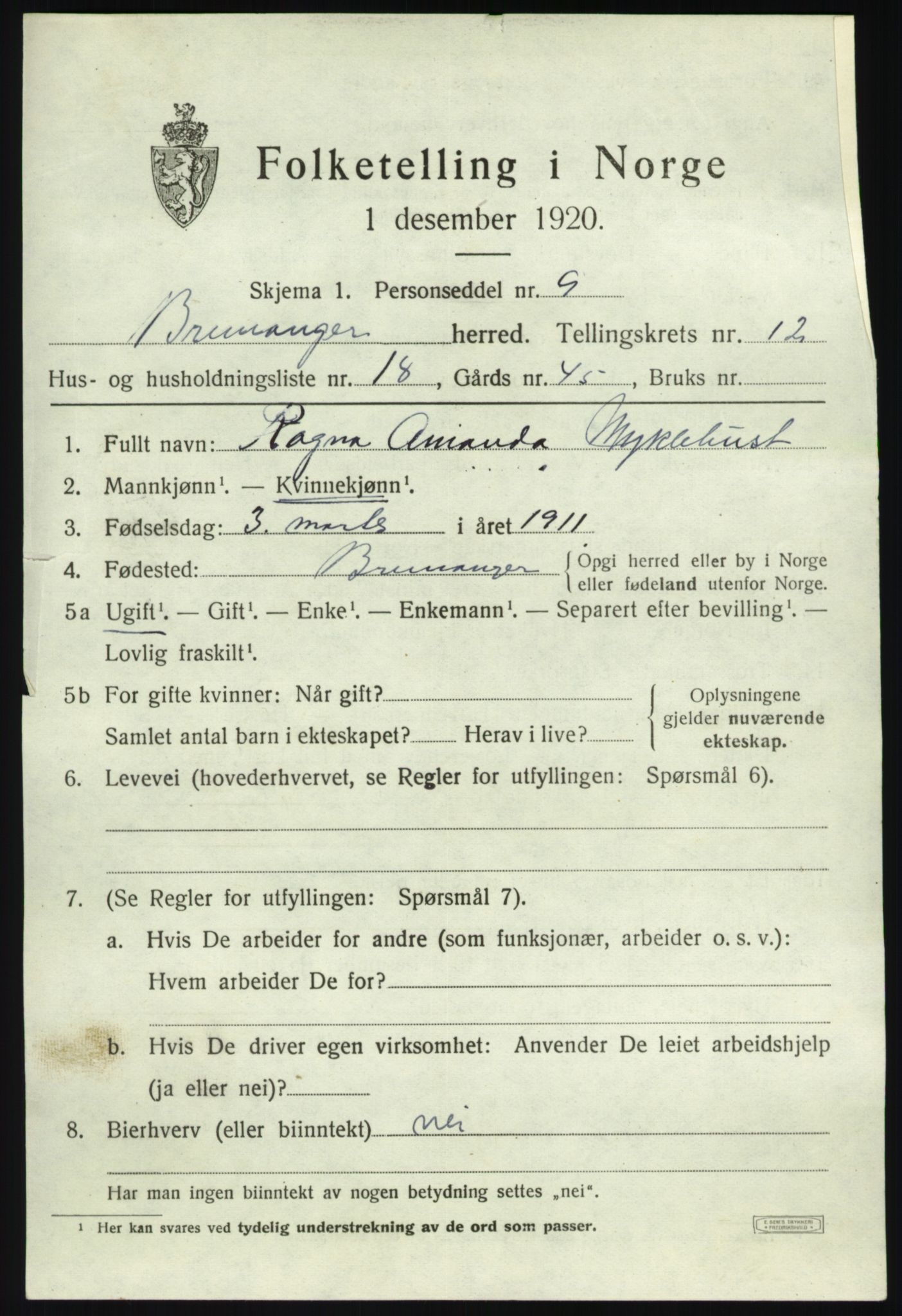 SAB, 1920 census for Bremanger, 1920, p. 6752