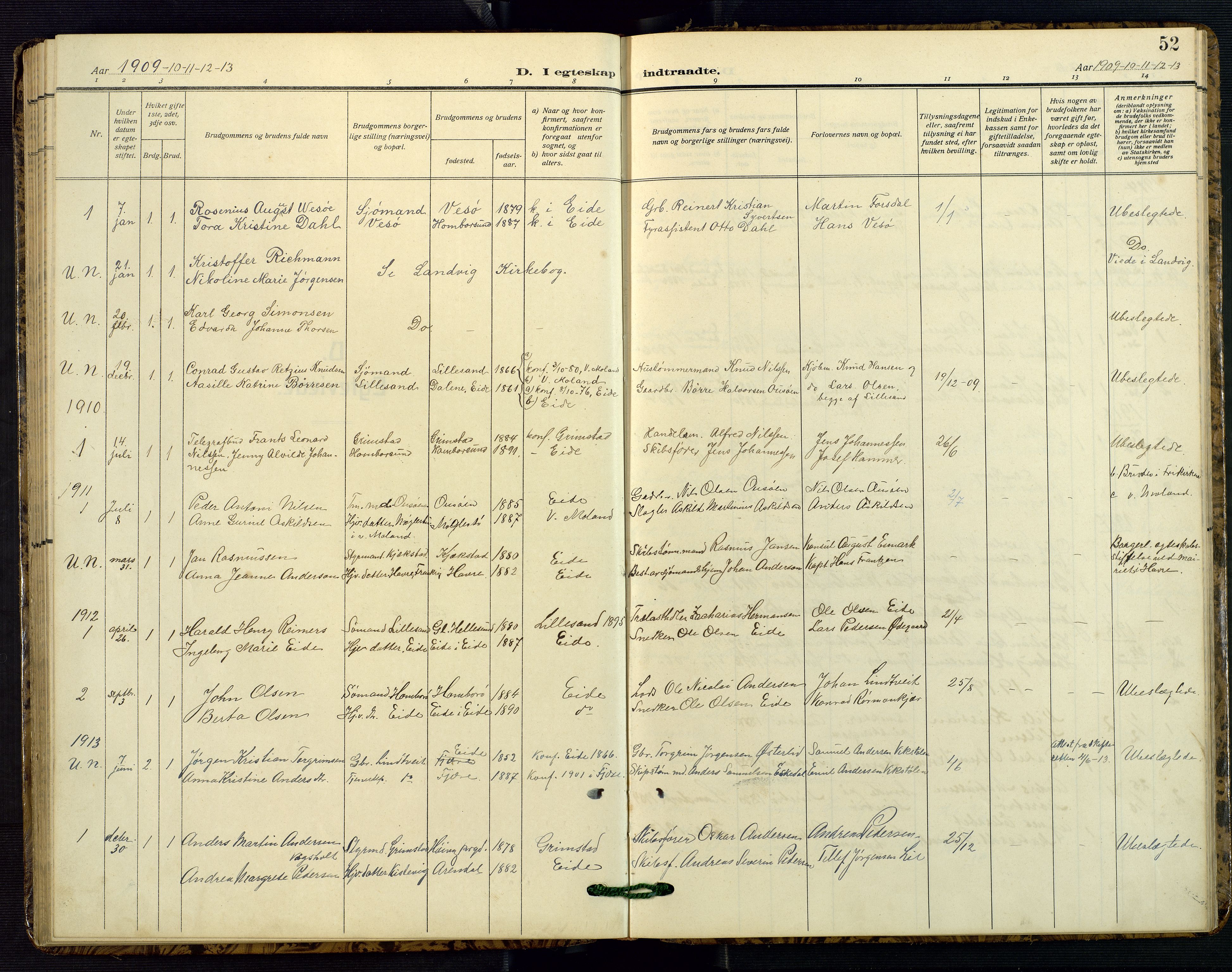 Hommedal sokneprestkontor, SAK/1111-0023/F/Fb/Fba/L0005: Parish register (copy) no. B 5, 1909-1957, p. 52