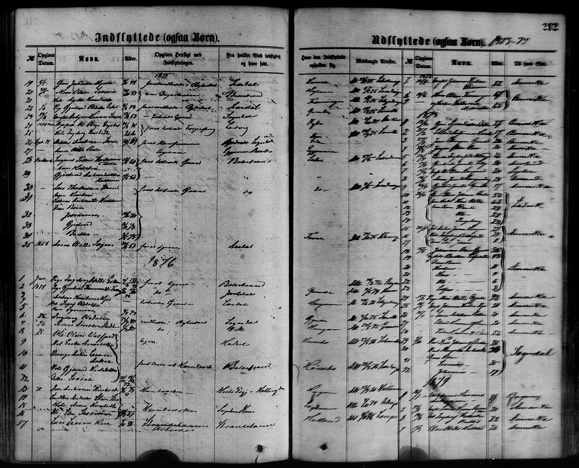 Leikanger sokneprestembete, AV/SAB-A-81001/H/Haa/Haaa/L0009: Parish register (official) no. A 9, 1869-1888, p. 212