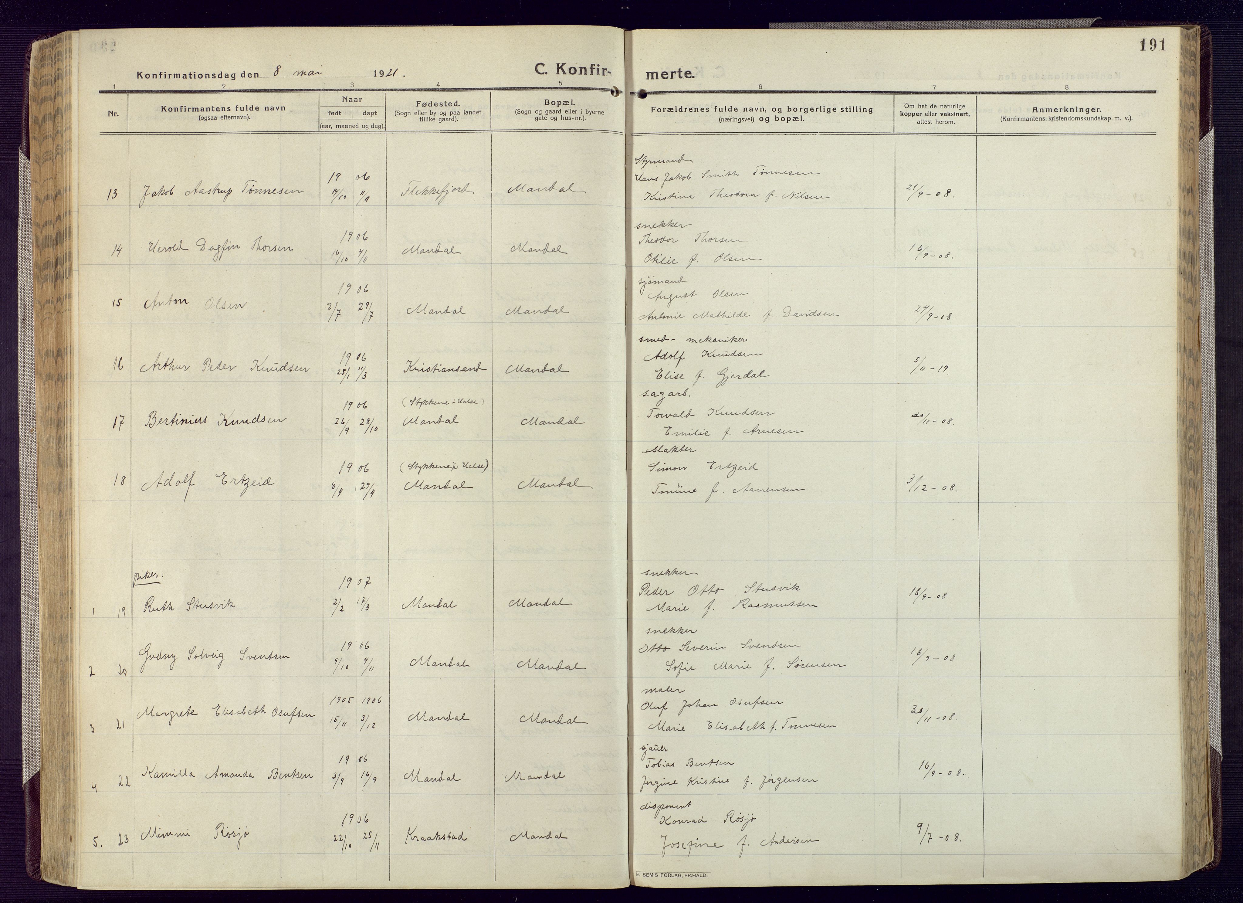 Mandal sokneprestkontor, AV/SAK-1111-0030/F/Fa/Fac/L0001: Parish register (official) no. A 1, 1913-1925, p. 191