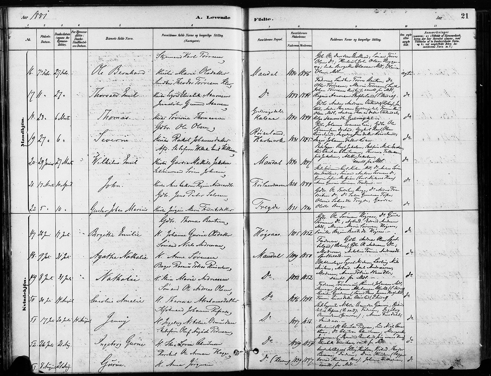 Mandal sokneprestkontor, SAK/1111-0030/F/Fa/Faa/L0016: Parish register (official) no. A 16, 1880-1890, p. 21