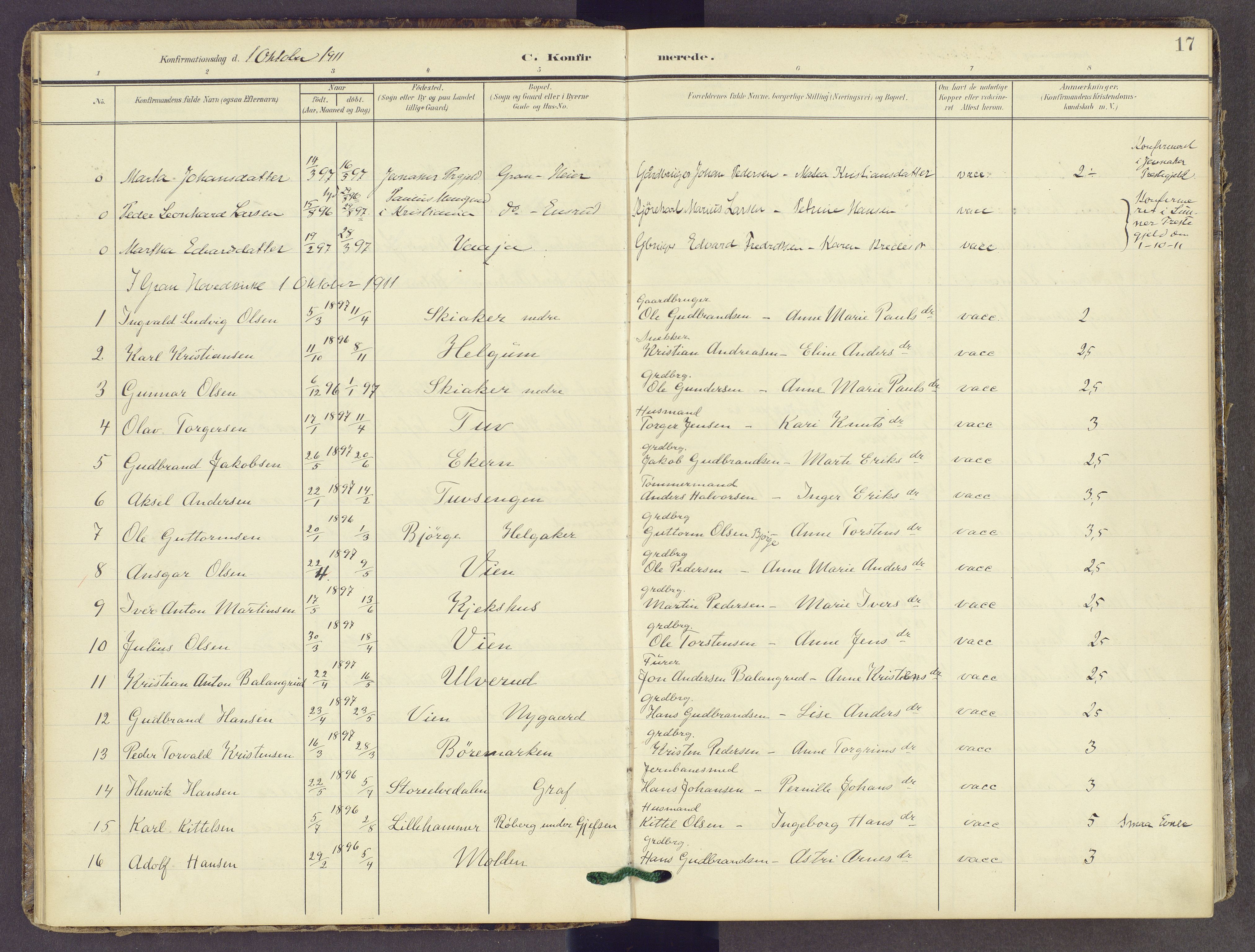Gran prestekontor, SAH/PREST-112/H/Ha/Haa/L0022: Parish register (official) no. 22, 1908-1918, p. 17