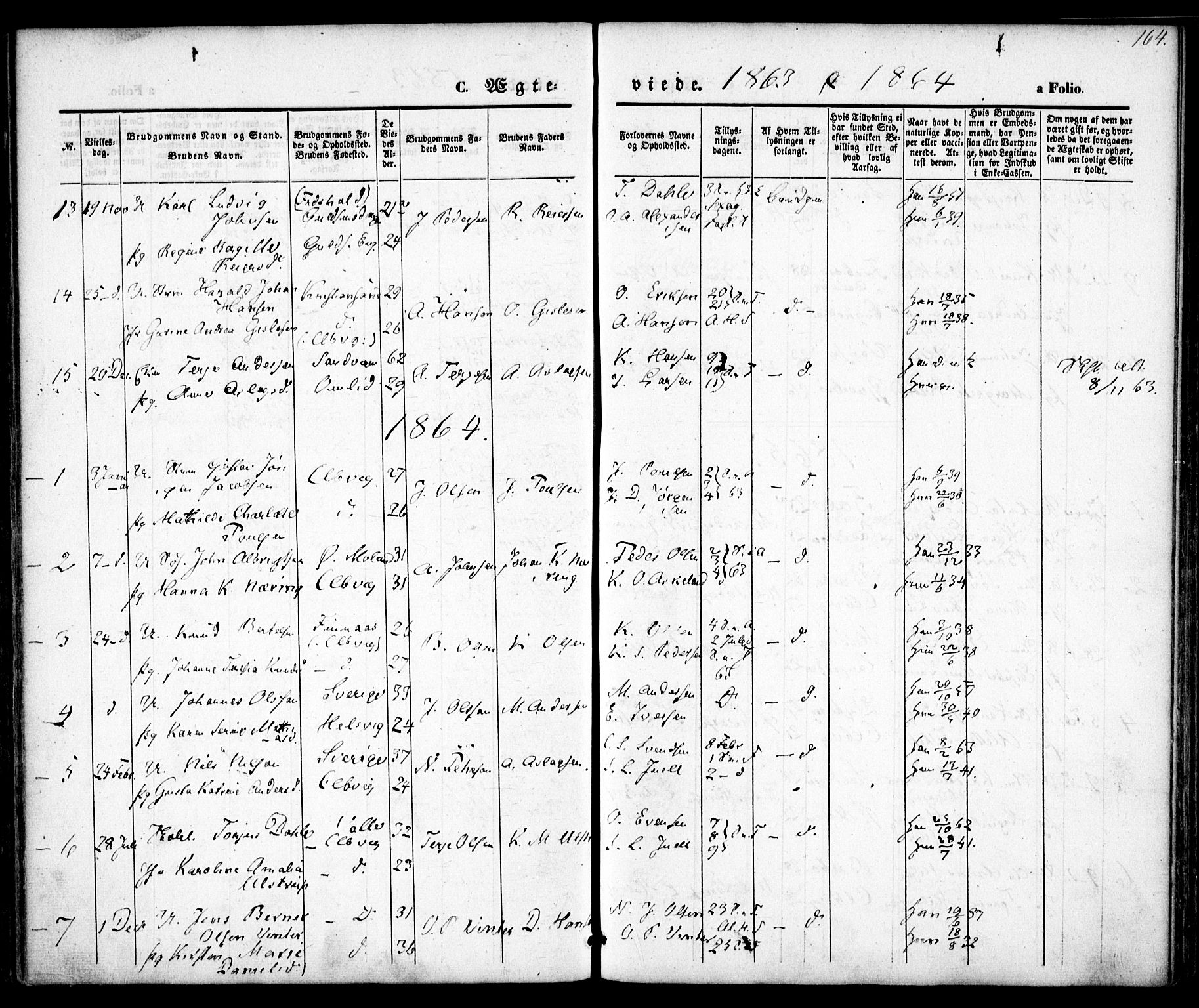 Hisøy sokneprestkontor, SAK/1111-0020/F/Fa/L0001: Parish register (official) no. A 1, 1849-1871, p. 164