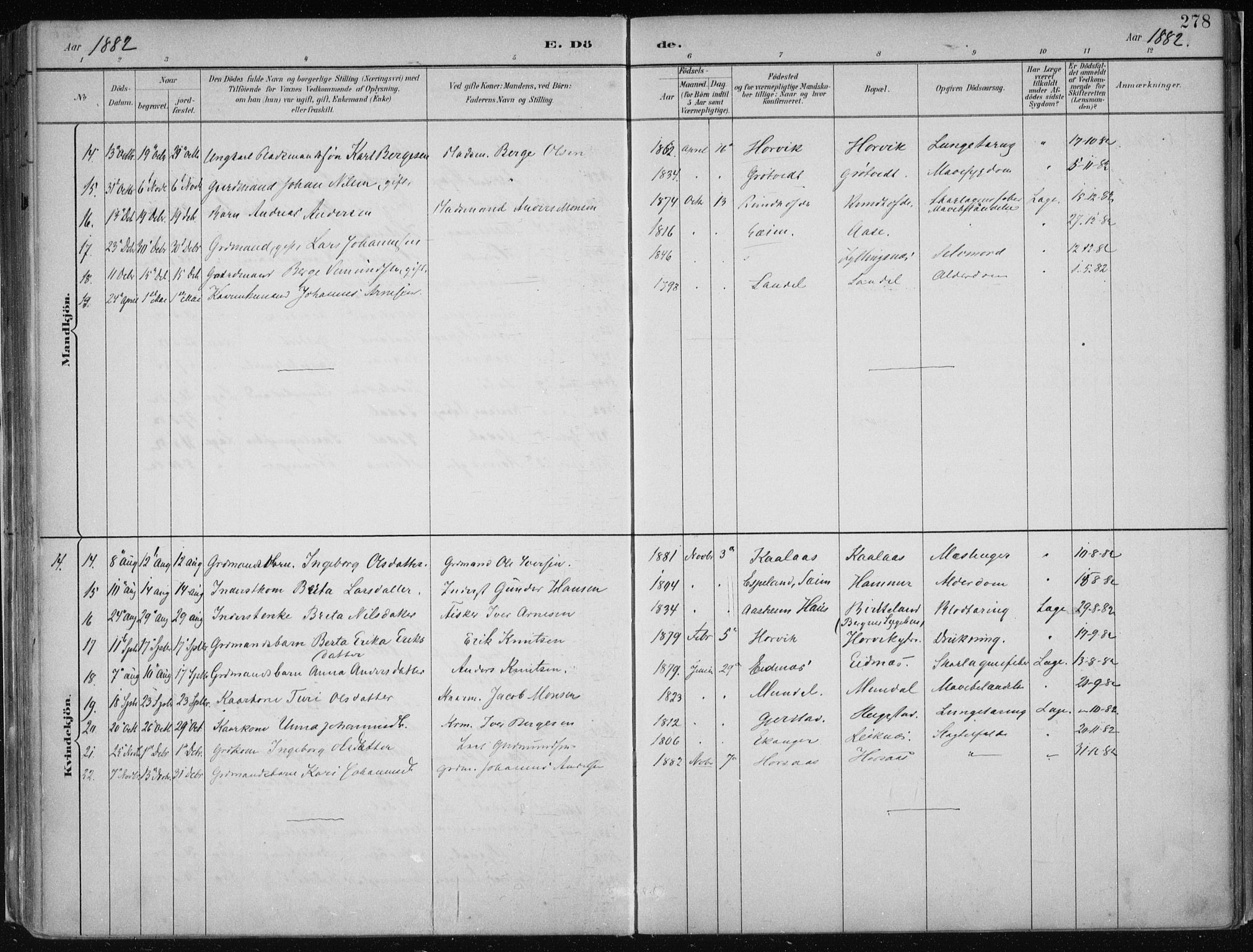 Hamre sokneprestembete, AV/SAB-A-75501/H/Ha/Haa/Haab/L0001: Parish register (official) no. B  1, 1882-1905, p. 278