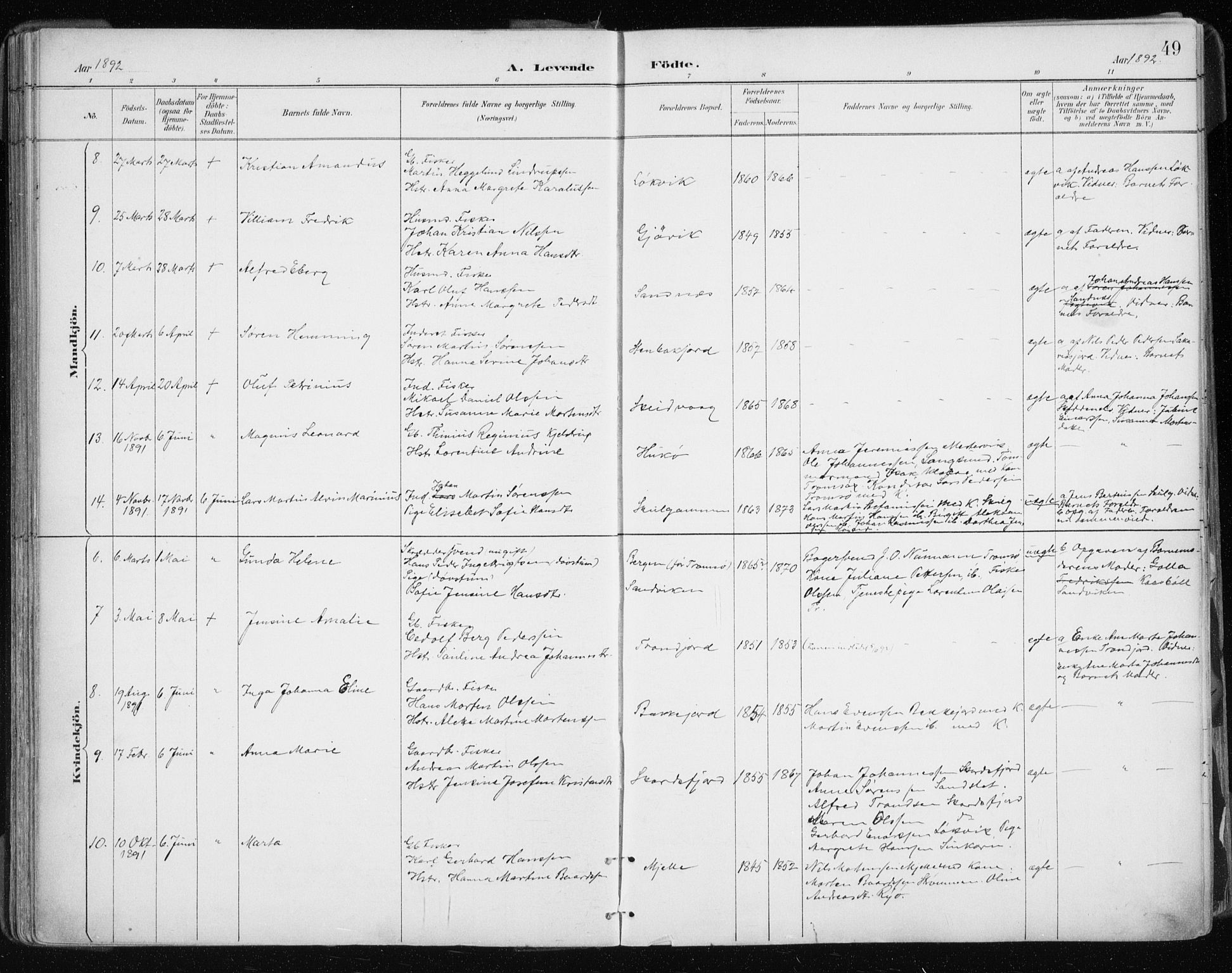 Tromsøysund sokneprestkontor, AV/SATØ-S-1304/G/Ga/L0005kirke: Parish register (official) no. 5, 1888-1896, p. 49