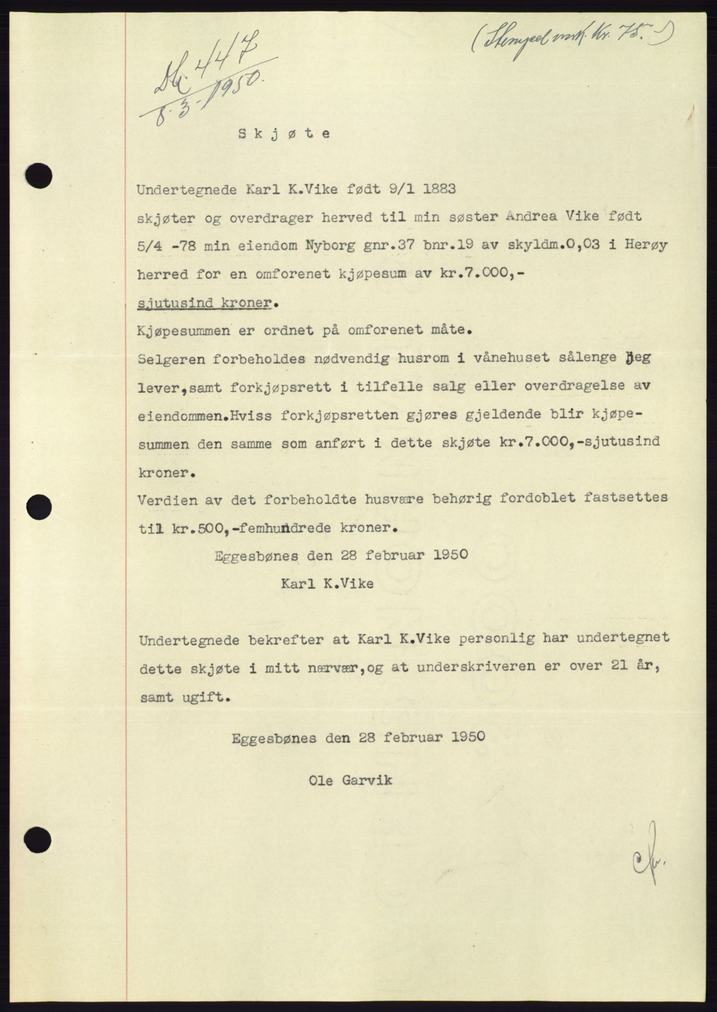 Søre Sunnmøre sorenskriveri, AV/SAT-A-4122/1/2/2C/L0086: Mortgage book no. 12A, 1949-1950, Diary no: : 447/1950