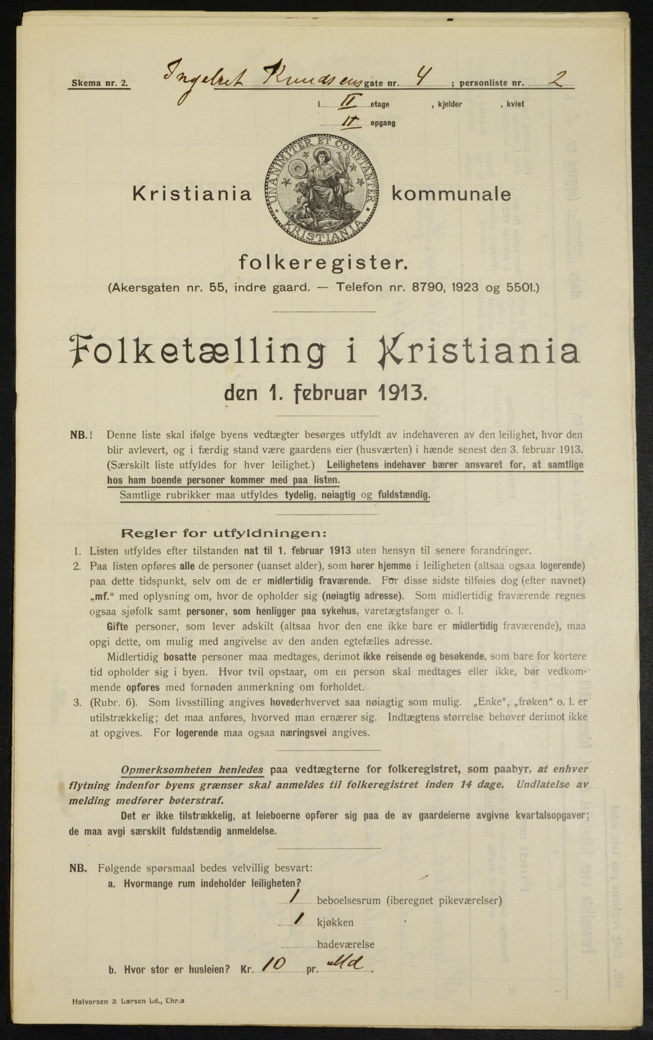 OBA, Municipal Census 1913 for Kristiania, 1913, p. 43652