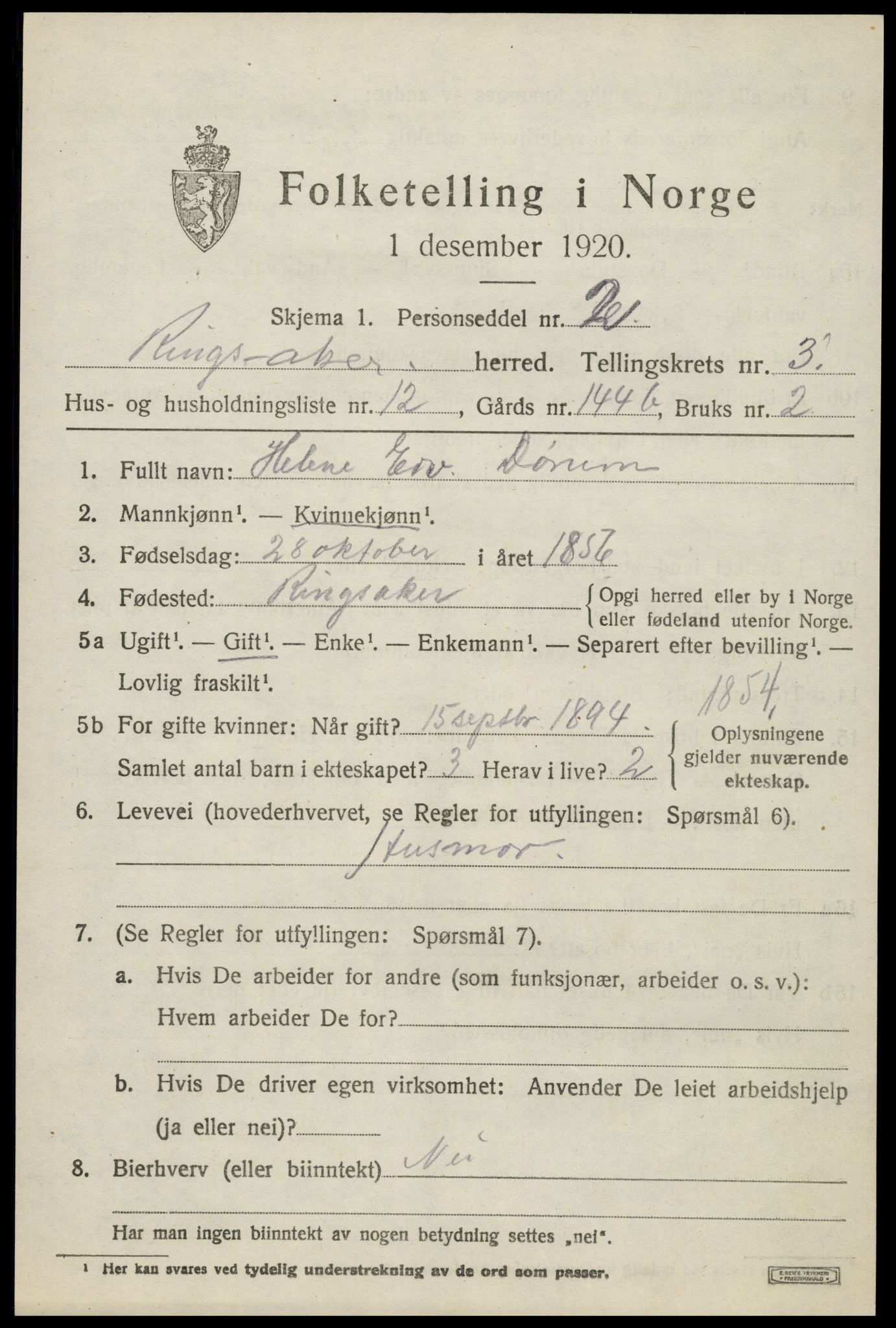 SAH, 1920 census for Ringsaker, 1920, p. 7680