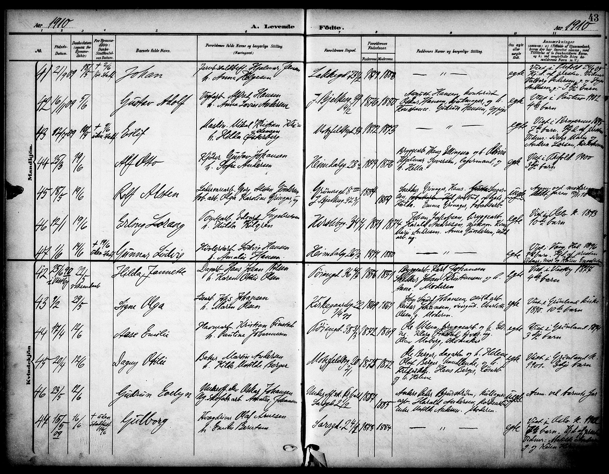 Tøyen prestekontor Kirkebøker, AV/SAO-A-10167a/F/Fa/L0001: Parish register (official) no. I 1, 1907-1916, p. 43