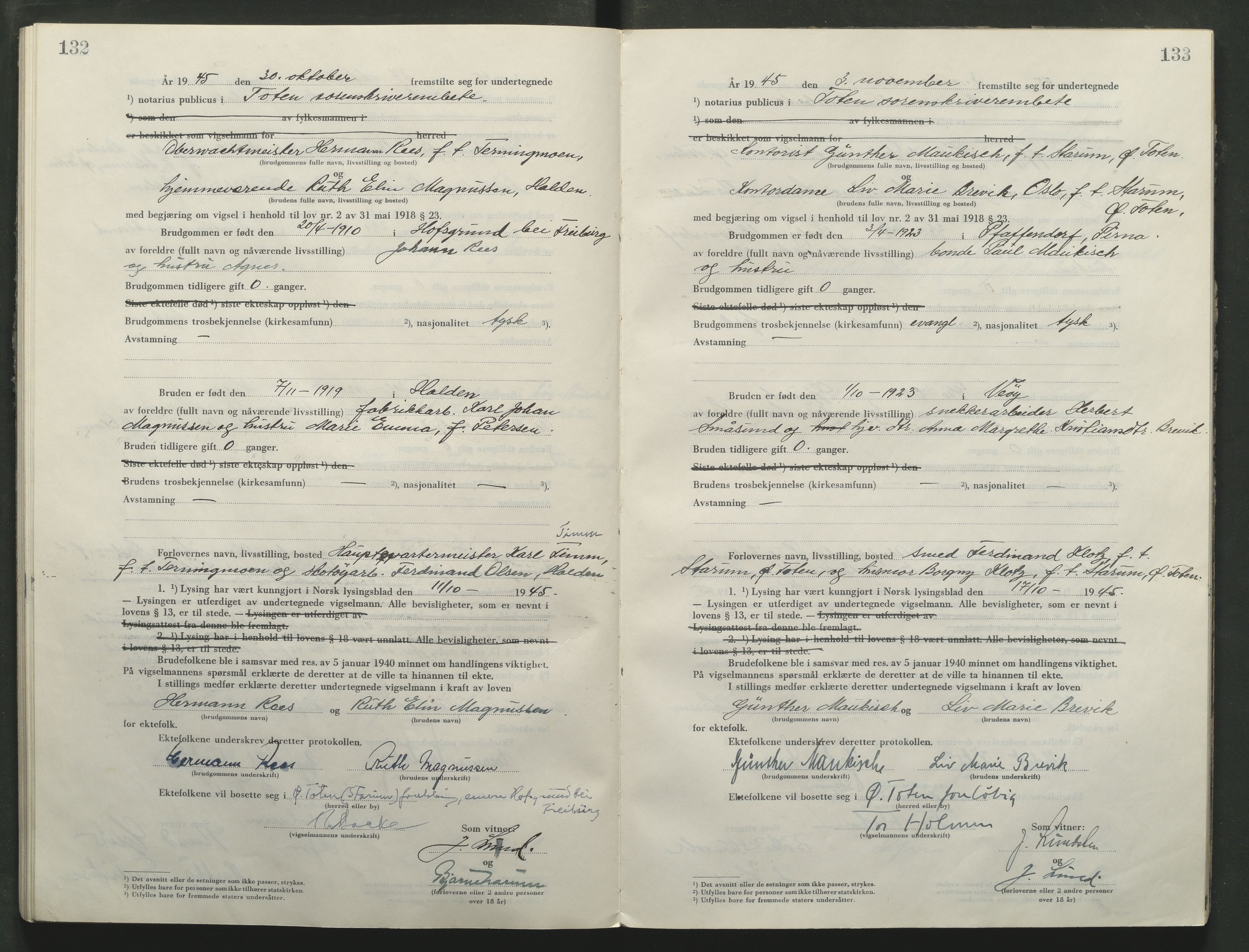 Toten tingrett, AV/SAH-TING-006/L/Lc/L0005: Vigselbok, 1944-1948, p. 132-133