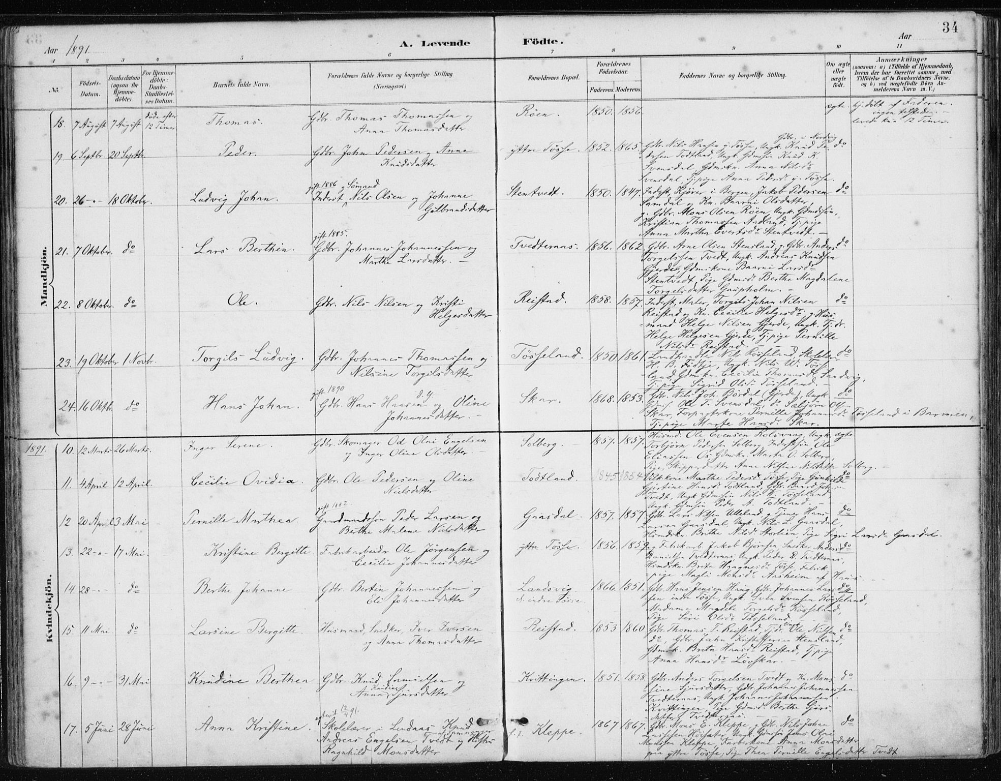 Samnanger Sokneprestembete, AV/SAB-A-77501/H/Haa: Parish register (official) no. A 1, 1885-1901, p. 34