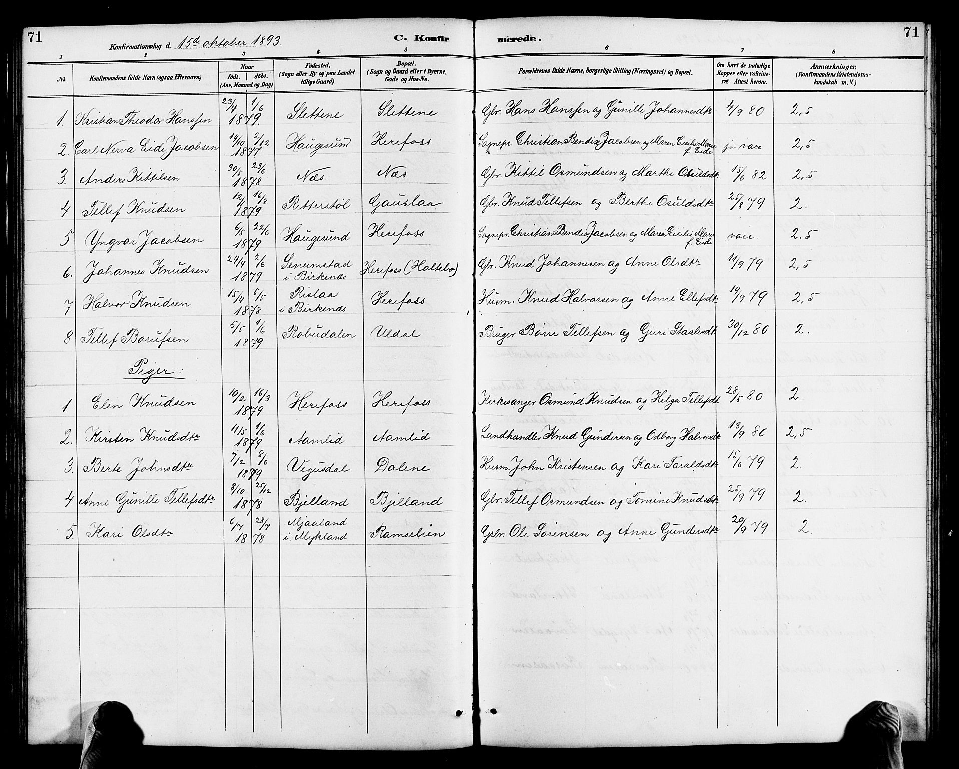 Herefoss sokneprestkontor, AV/SAK-1111-0019/F/Fb/Fba/L0003: Parish register (copy) no. B 3, 1887-1925, p. 71