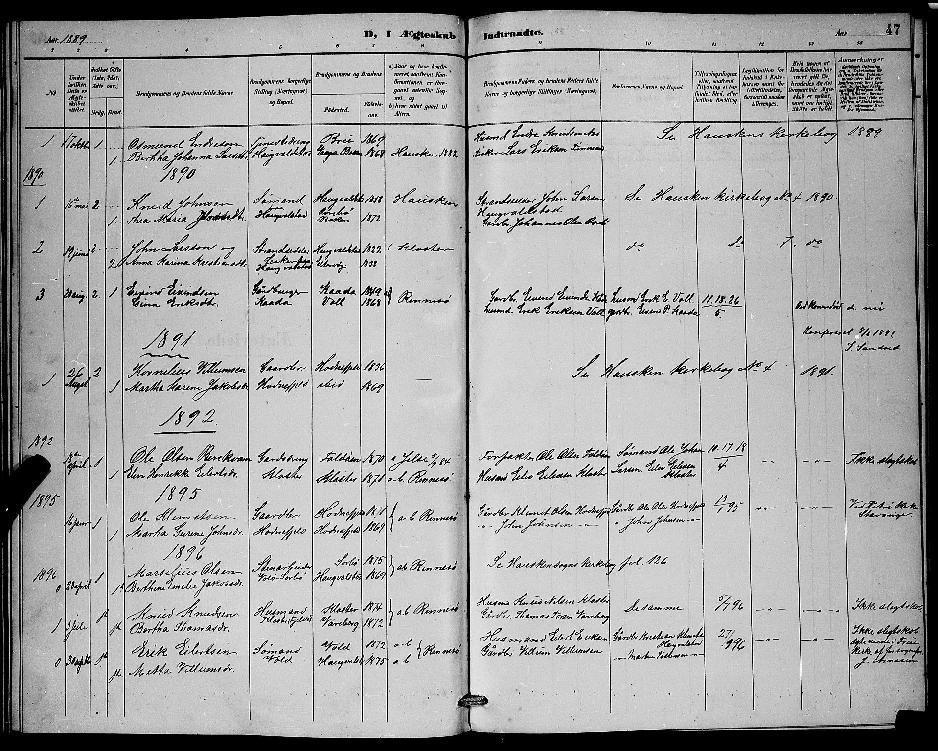 Rennesøy sokneprestkontor, SAST/A -101827/H/Ha/Hab/L0008: Parish register (copy) no. B 8, 1889-1899, p. 47
