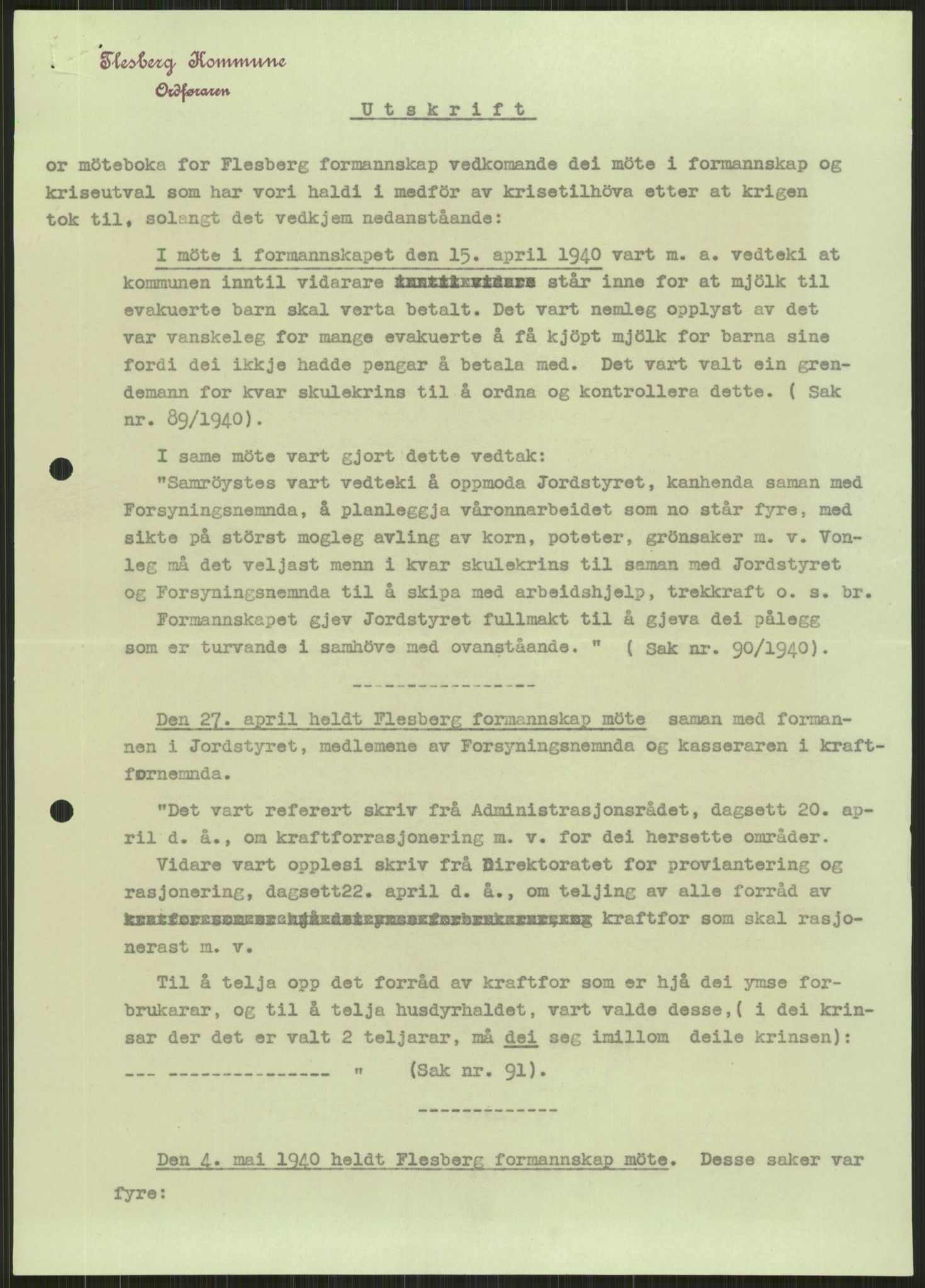 Forsvaret, Forsvarets krigshistoriske avdeling, AV/RA-RAFA-2017/Y/Ya/L0014: II-C-11-31 - Fylkesmenn.  Rapporter om krigsbegivenhetene 1940., 1940, p. 327