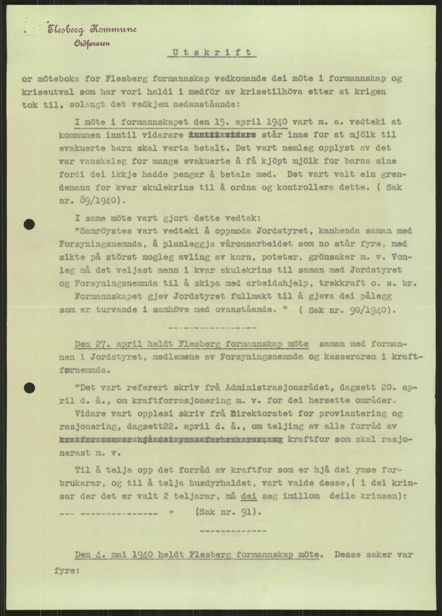 Forsvaret, Forsvarets krigshistoriske avdeling, AV/RA-RAFA-2017/Y/Ya/L0014: II-C-11-31 - Fylkesmenn.  Rapporter om krigsbegivenhetene 1940., 1940, p. 327