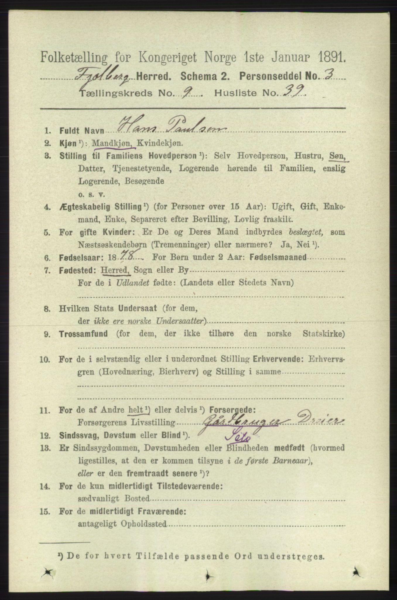 RA, 1891 census for 1213 Fjelberg, 1891, p. 3615