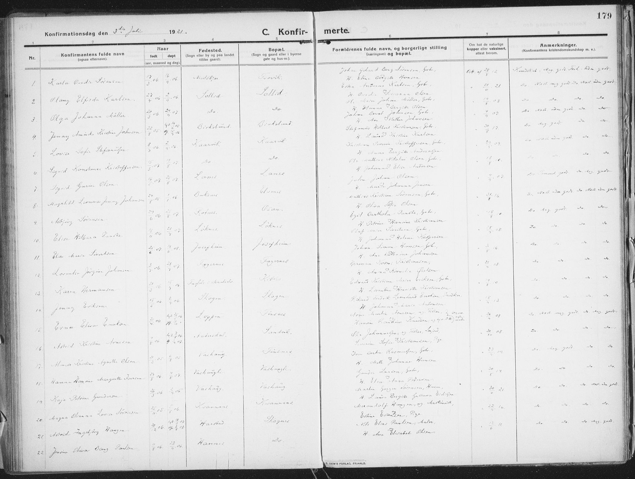 Lenvik sokneprestembete, AV/SATØ-S-1310/H/Ha/Haa/L0016kirke: Parish register (official) no. 16, 1910-1924, p. 179