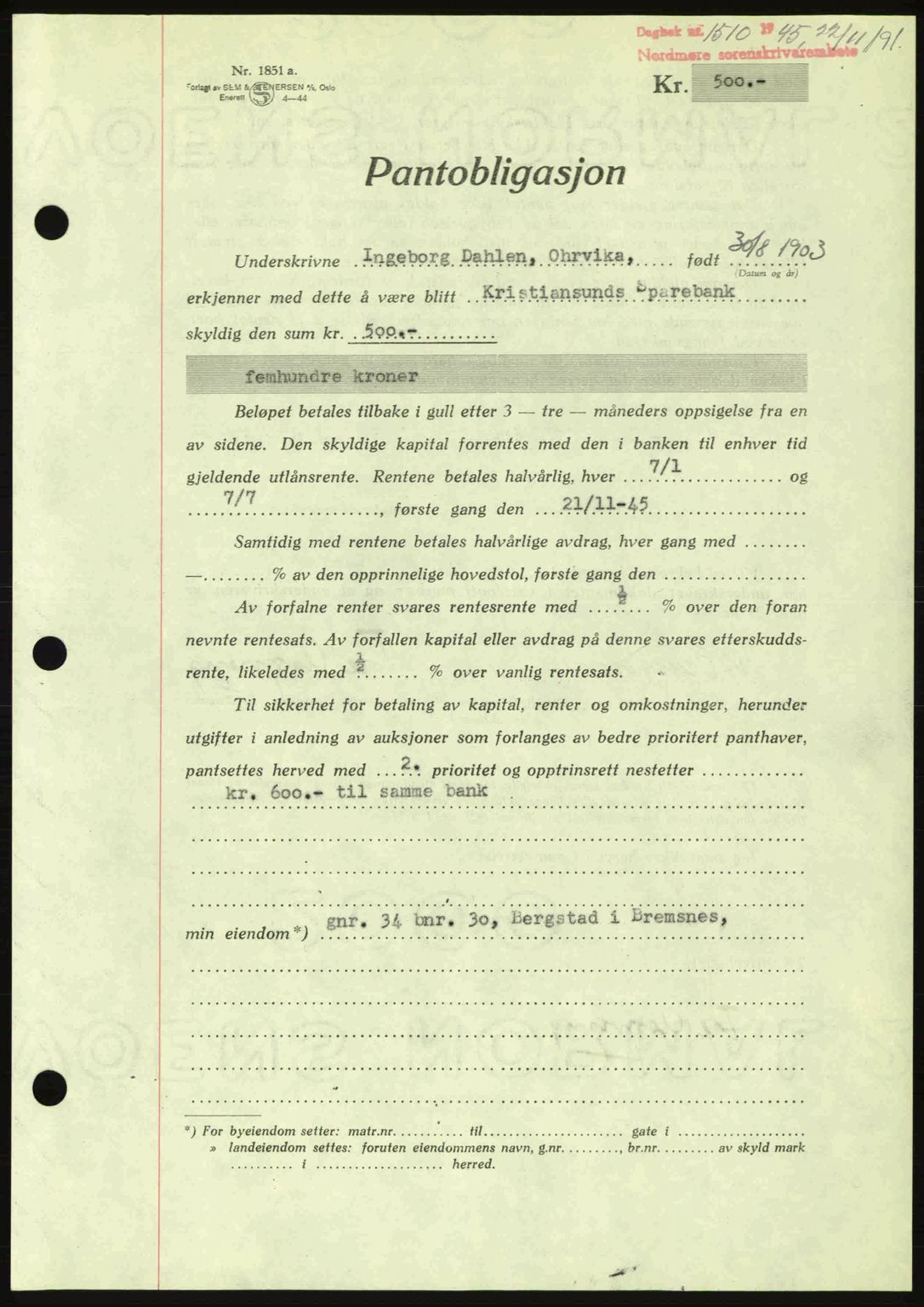 Nordmøre sorenskriveri, AV/SAT-A-4132/1/2/2Ca: Mortgage book no. B93a, 1945-1945, Diary no: : 1510/1945