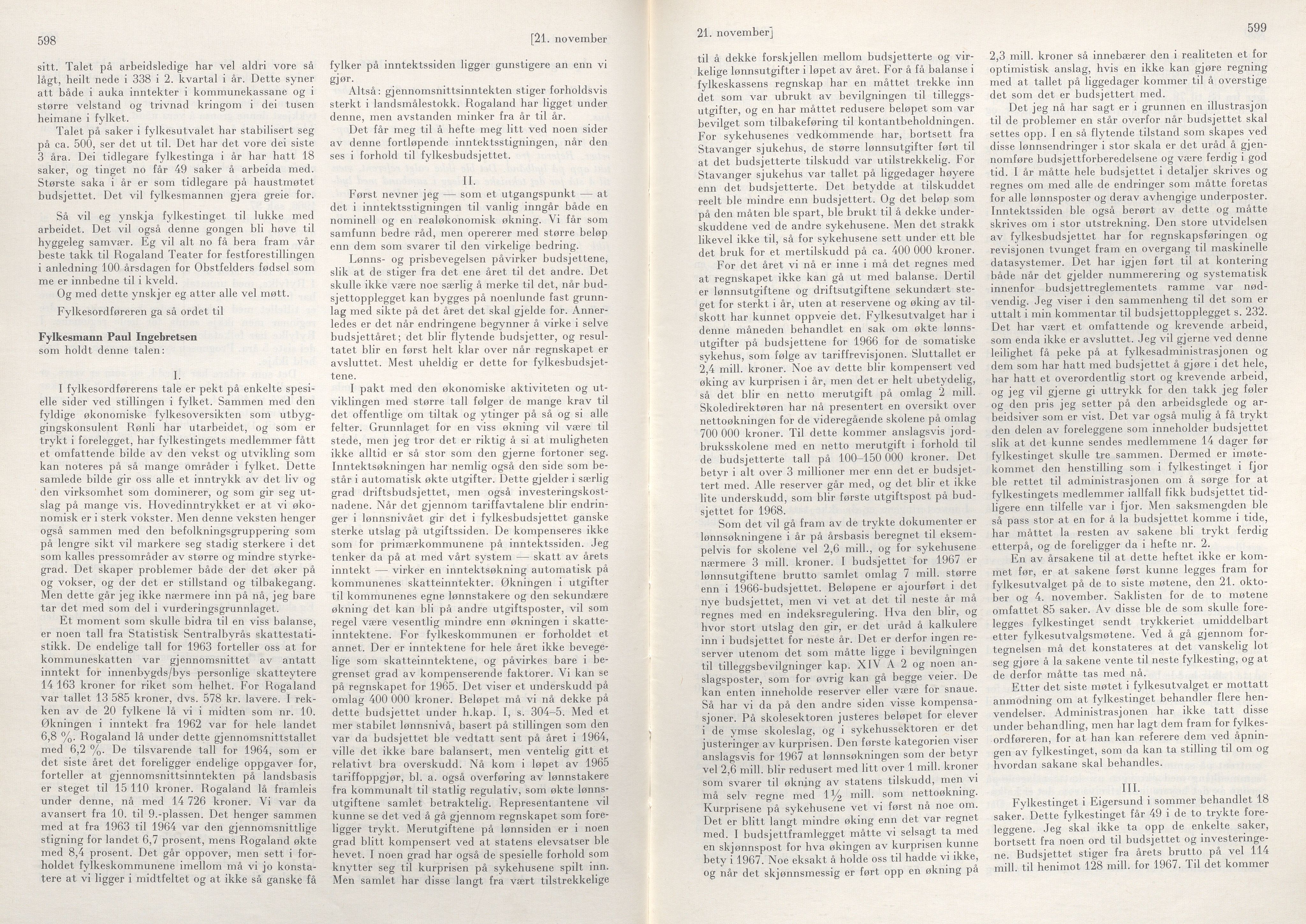 Rogaland fylkeskommune - Fylkesrådmannen , IKAR/A-900/A/Aa/Aaa/L0086: Møtebok , 1966, p. 598-599