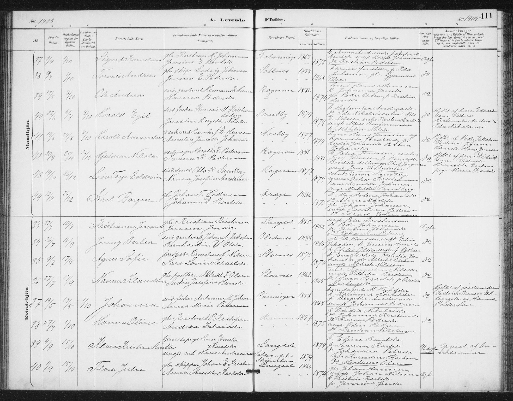 Ministerialprotokoller, klokkerbøker og fødselsregistre - Nordland, AV/SAT-A-1459/847/L0682: Parish register (copy) no. 847C10, 1889-1907, p. 111