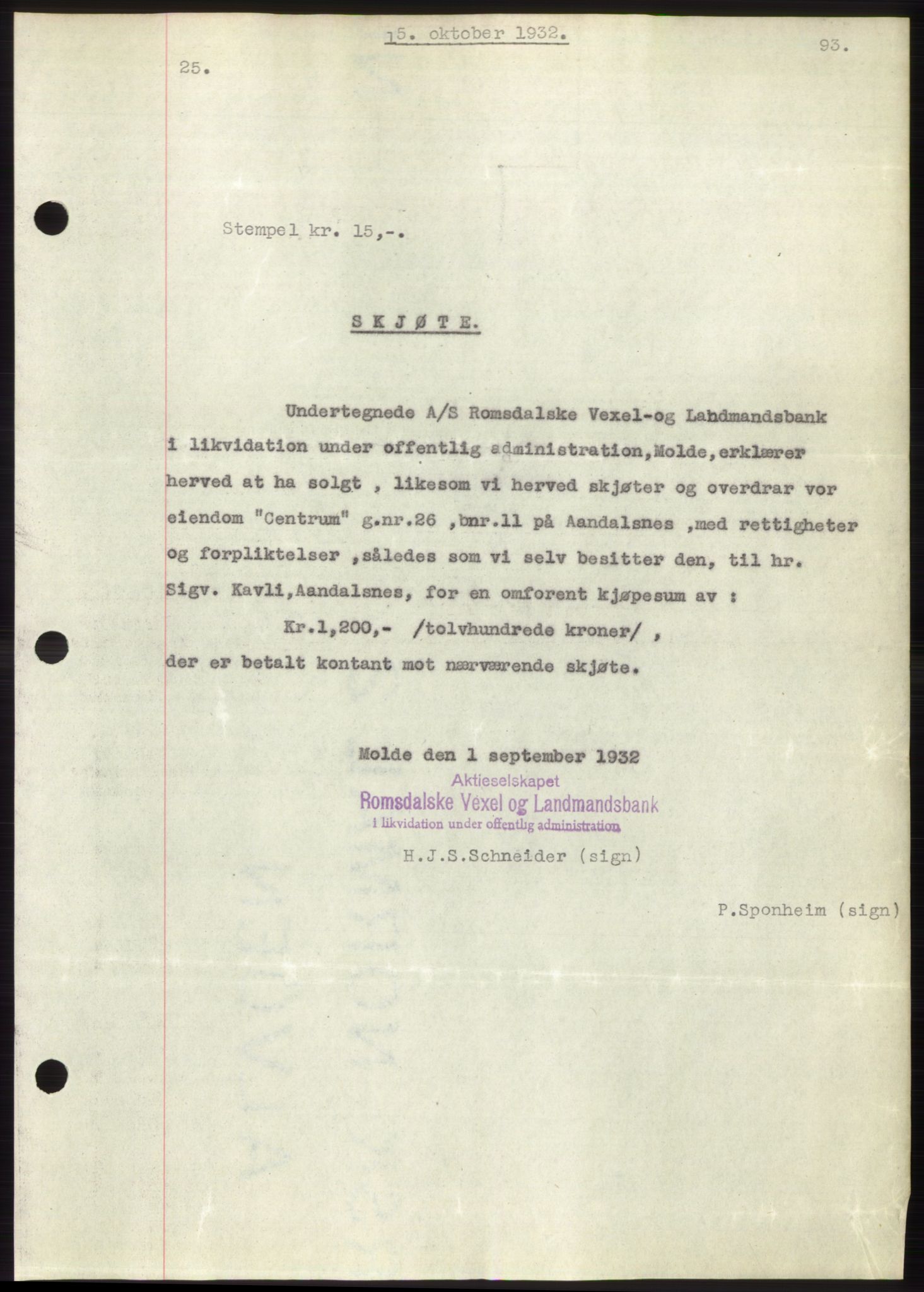 Romsdal sorenskriveri, AV/SAT-A-4149/1/2/2C/L0062: Mortgage book no. 56, 1932-1933, Deed date: 15.10.1932