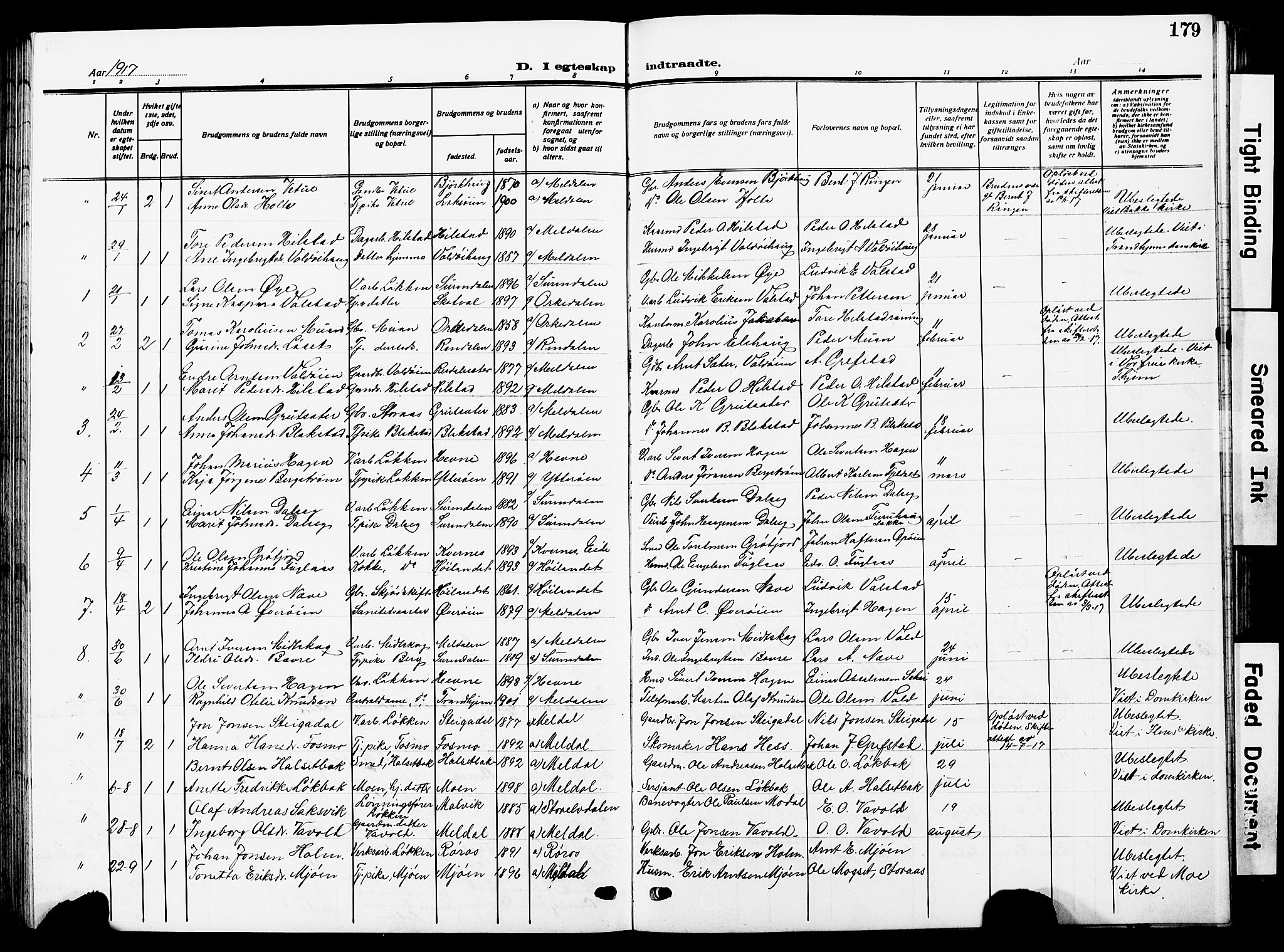 Ministerialprotokoller, klokkerbøker og fødselsregistre - Sør-Trøndelag, SAT/A-1456/672/L0865: Parish register (copy) no. 672C04, 1914-1928, p. 179