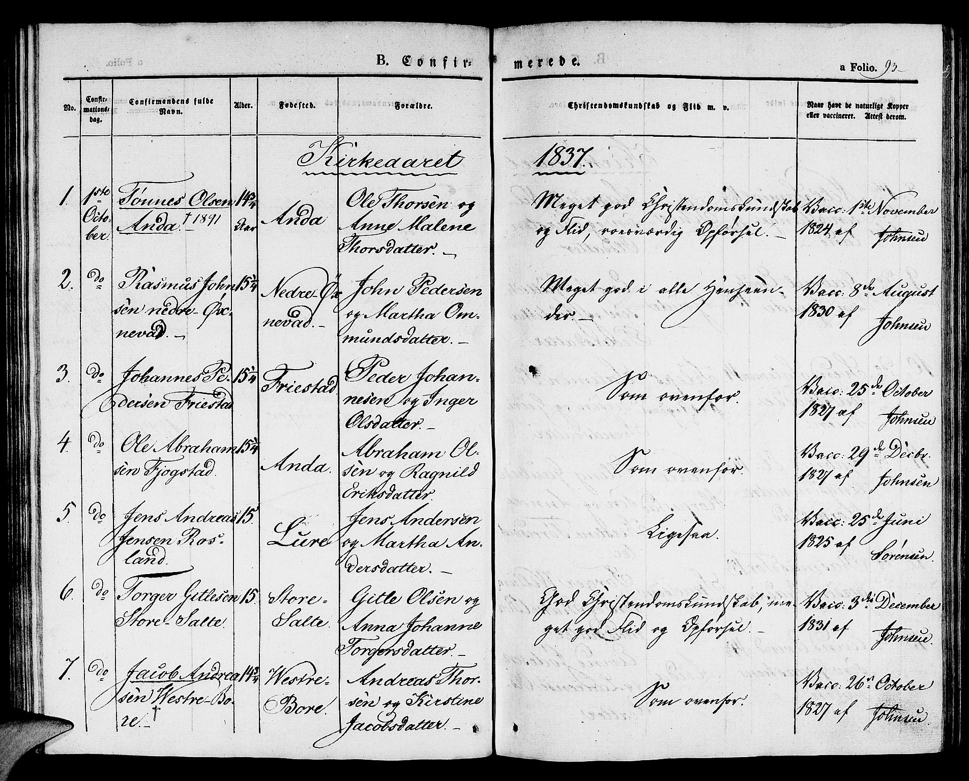 Klepp sokneprestkontor, SAST/A-101803/001/3/30BA/L0003: Parish register (official) no. A 3, 1833-1842, p. 93
