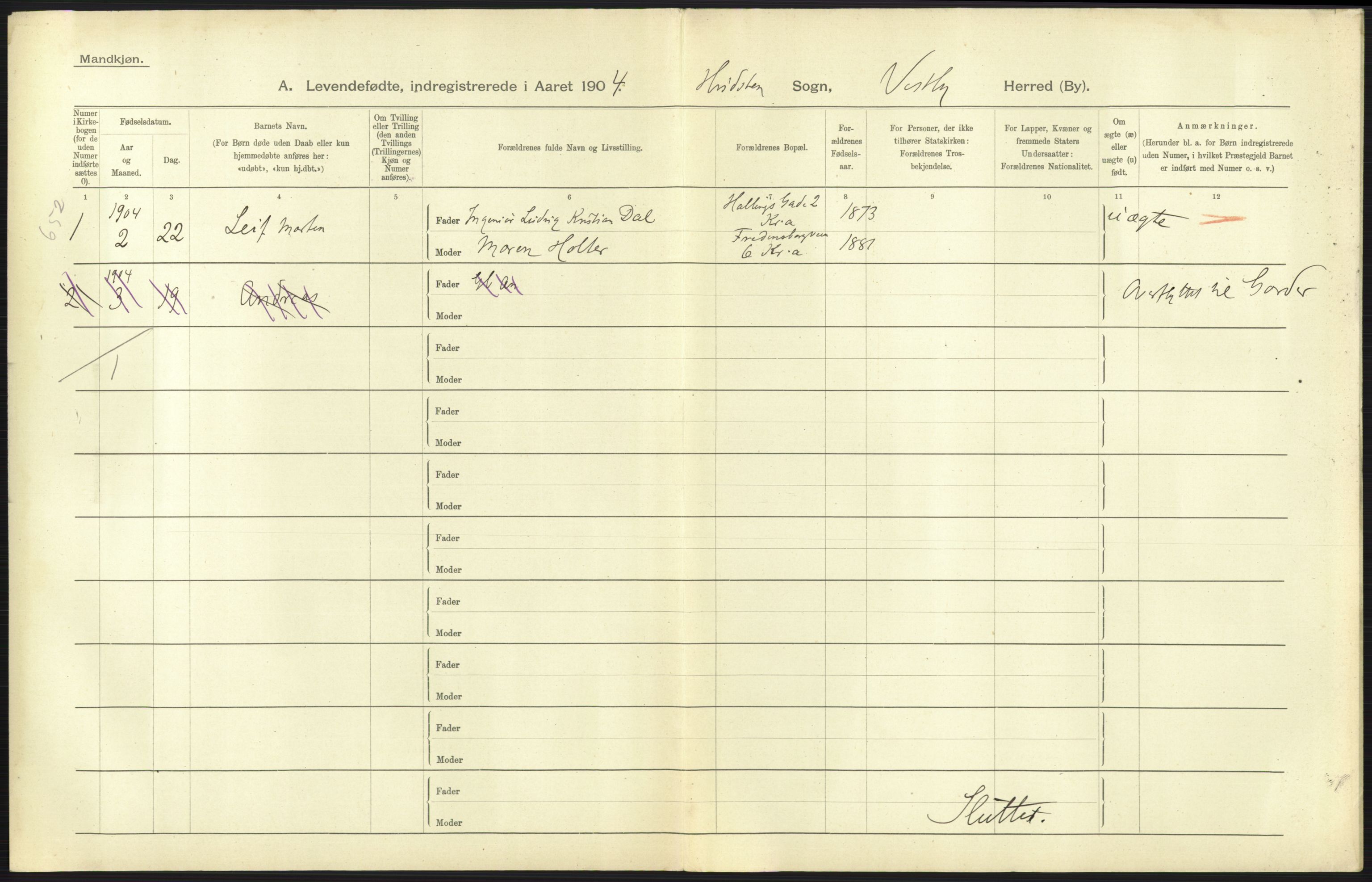 Statistisk sentralbyrå, Sosiodemografiske emner, Befolkning, AV/RA-S-2228/D/Df/Dfa/Dfab/L0002: Akershus amt: Fødte, gifte, døde, 1904, p. 437