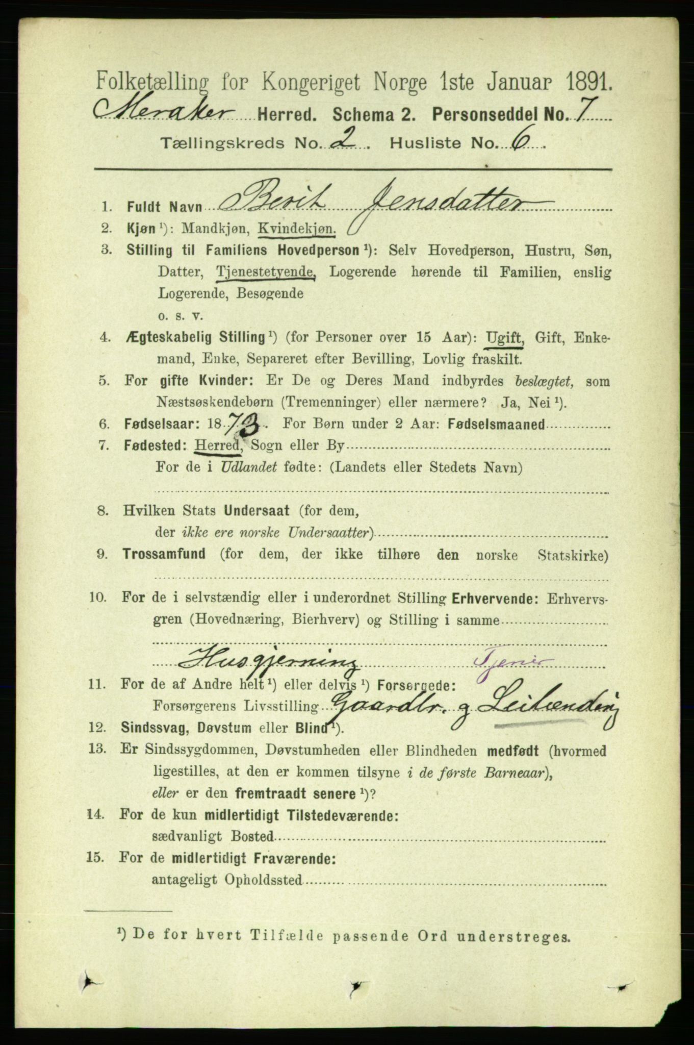 RA, 1891 census for 1711 Meråker, 1891, p. 606