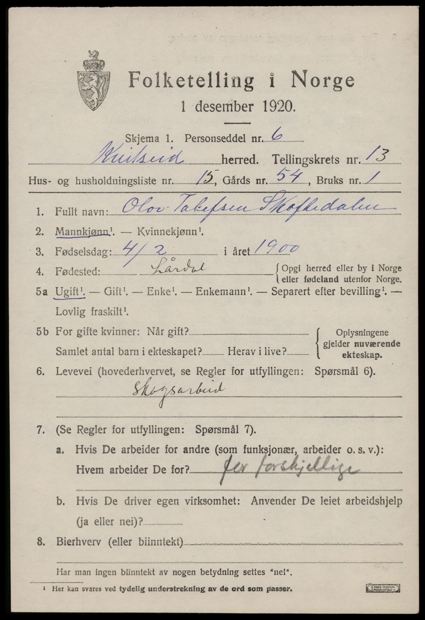 SAKO, 1920 census for Kviteseid, 1920, p. 6305