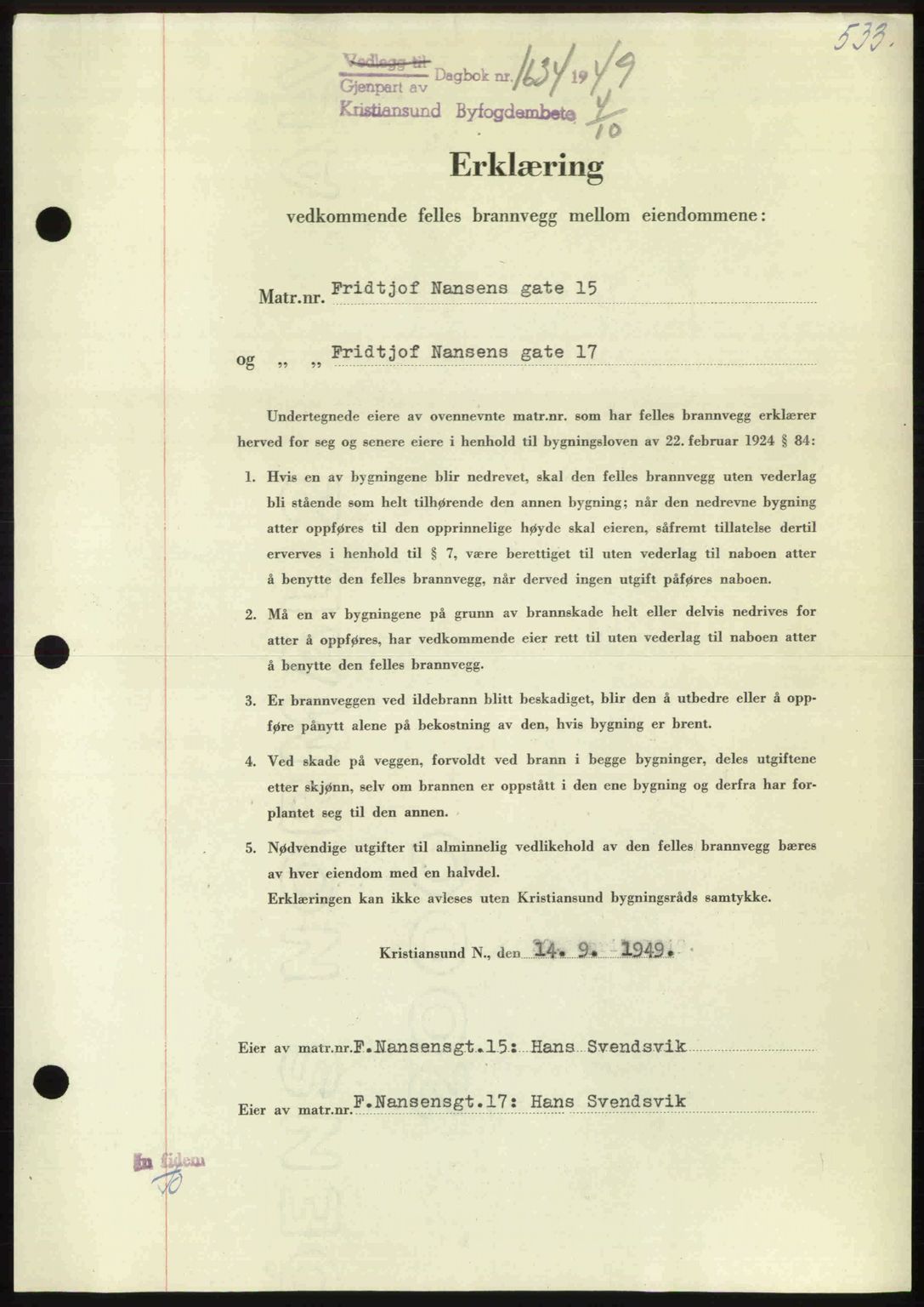 Kristiansund byfogd, AV/SAT-A-4587/A/27: Mortgage book no. 45, 1948-1949, Diary no: : 1634/1949
