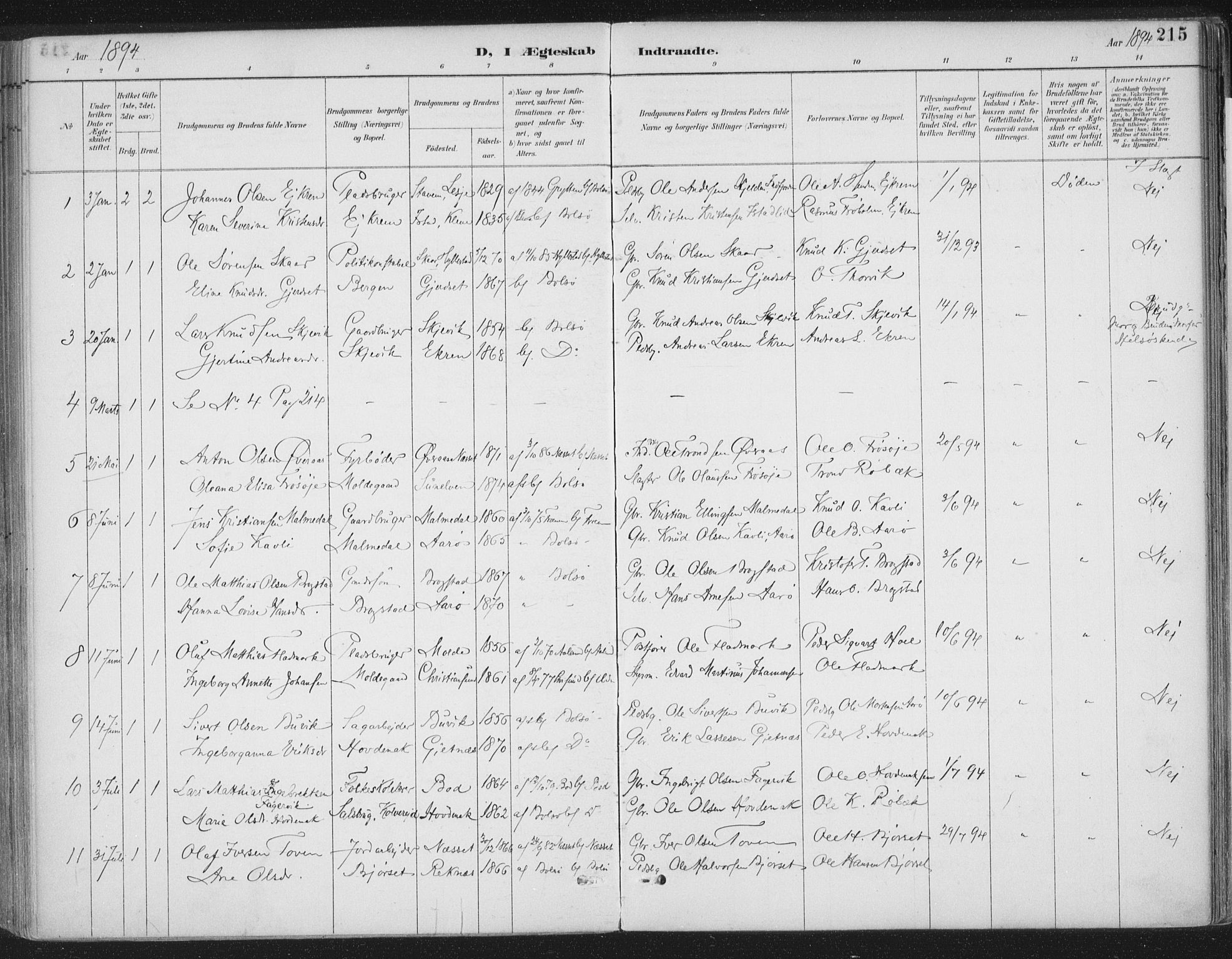 Ministerialprotokoller, klokkerbøker og fødselsregistre - Møre og Romsdal, AV/SAT-A-1454/555/L0658: Parish register (official) no. 555A09, 1887-1917, p. 215