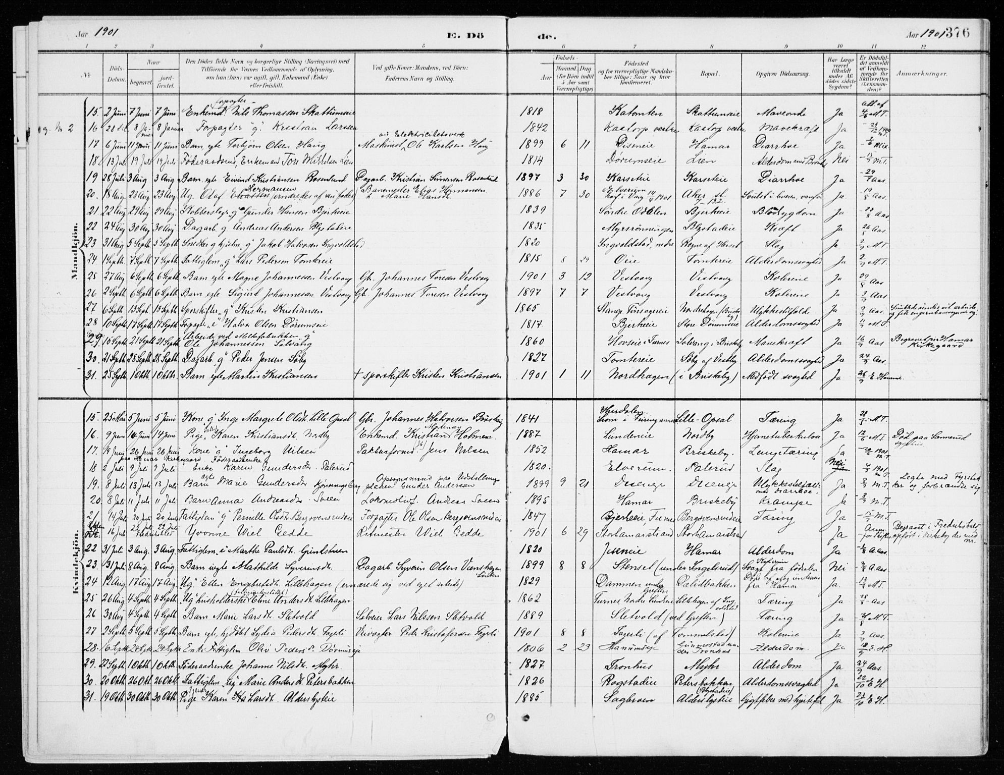 Vang prestekontor, Hedmark, AV/SAH-PREST-008/H/Ha/Haa/L0021: Parish register (official) no. 21, 1902-1917, p. 376