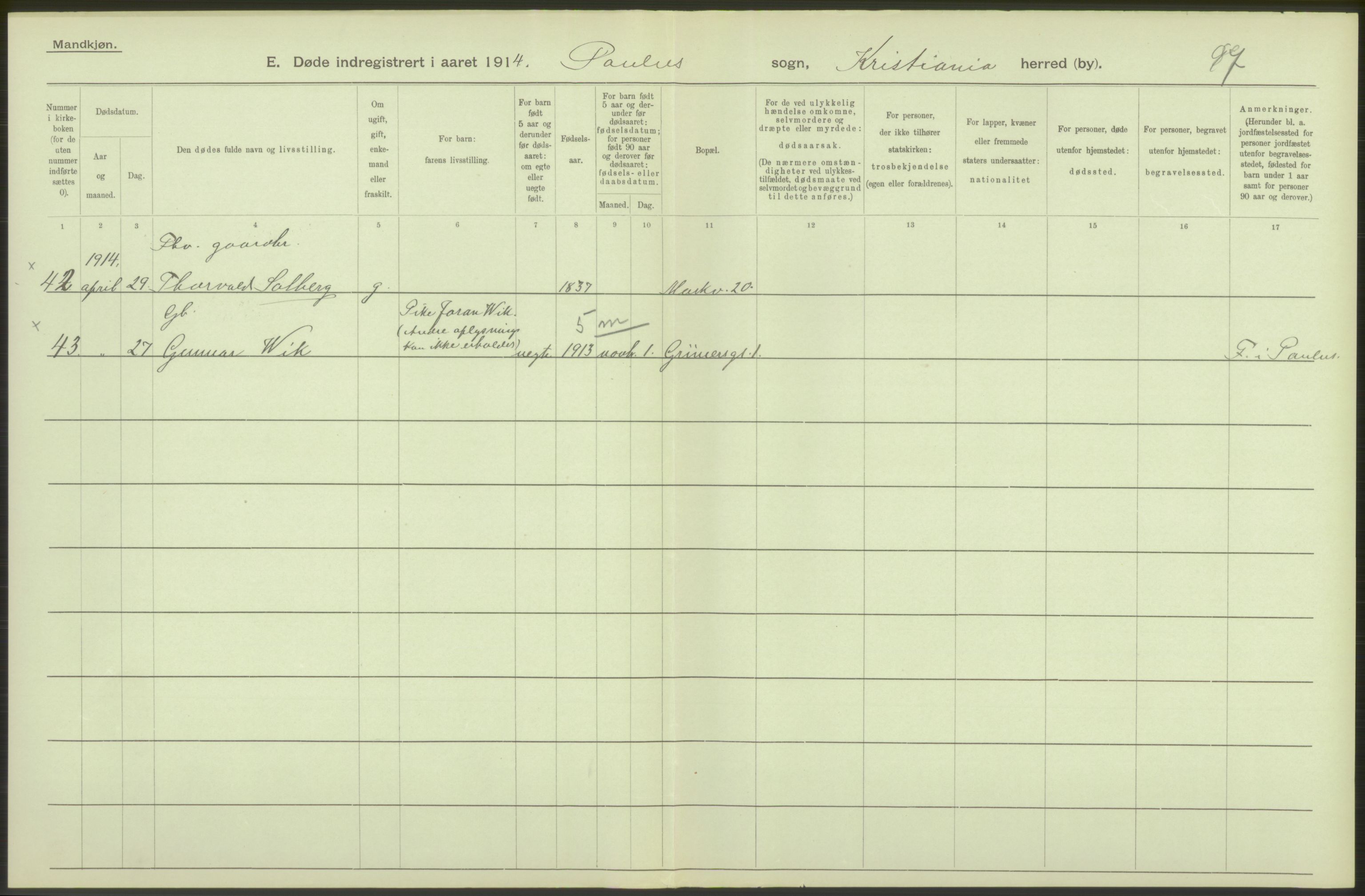 Statistisk sentralbyrå, Sosiodemografiske emner, Befolkning, AV/RA-S-2228/D/Df/Dfb/Dfbd/L0008: Kristiania: Døde, 1914, p. 268