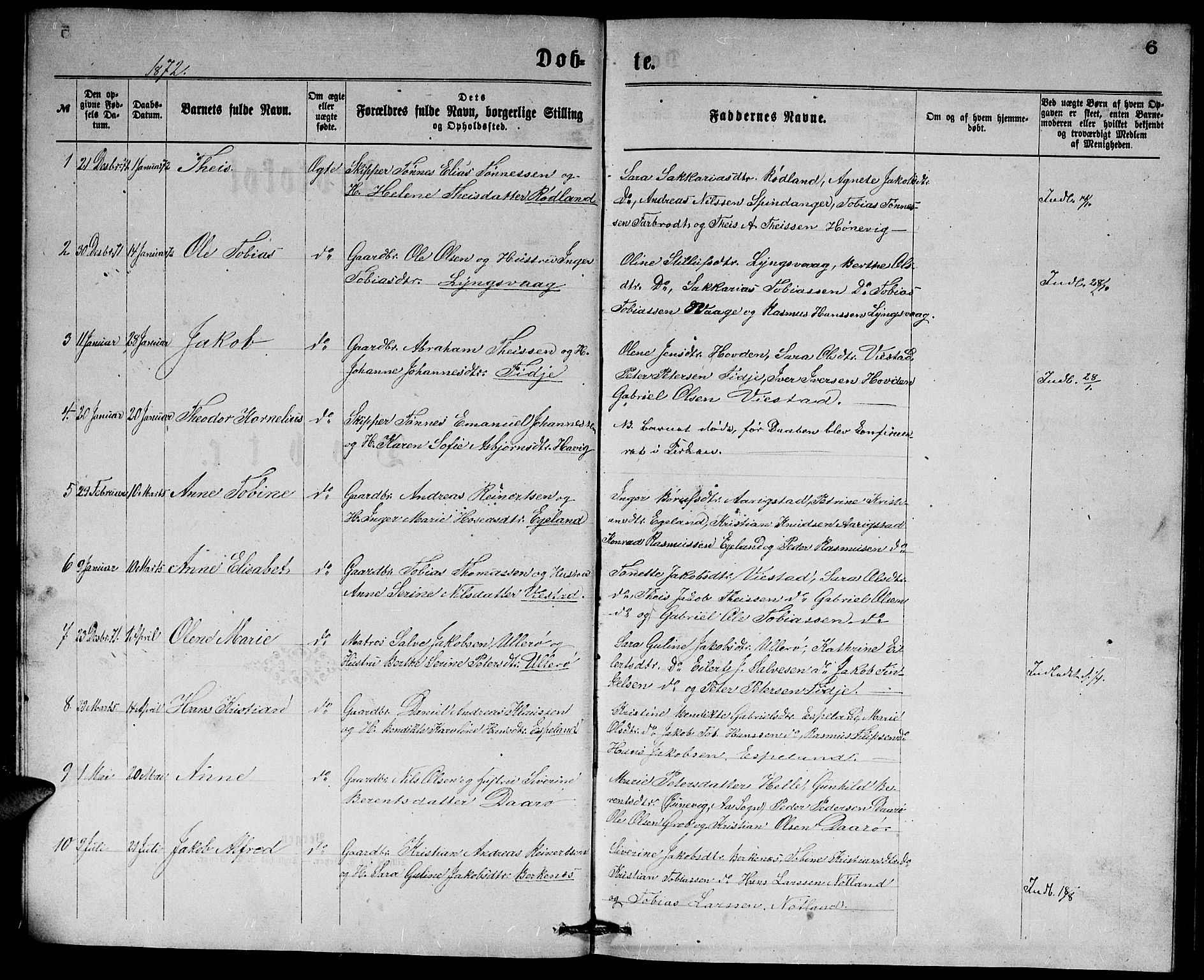 Herad sokneprestkontor, SAK/1111-0018/F/Fb/Fbb/L0003: Parish register (copy) no. B 3, 1872-1889, p. 6