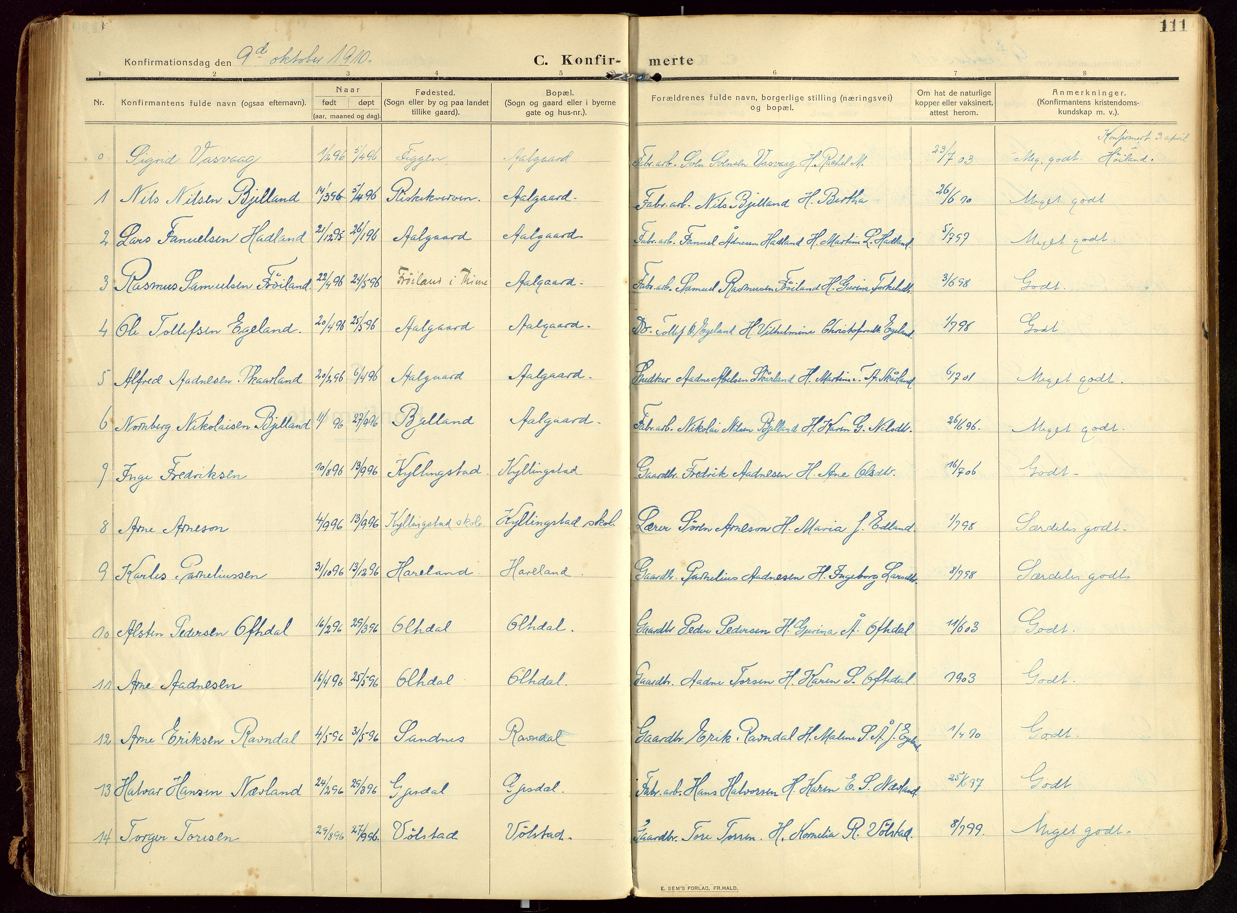Lye sokneprestkontor, SAST/A-101794/002/B/L0001: Parish register (official) no. A 13, 1910-1925, p. 111