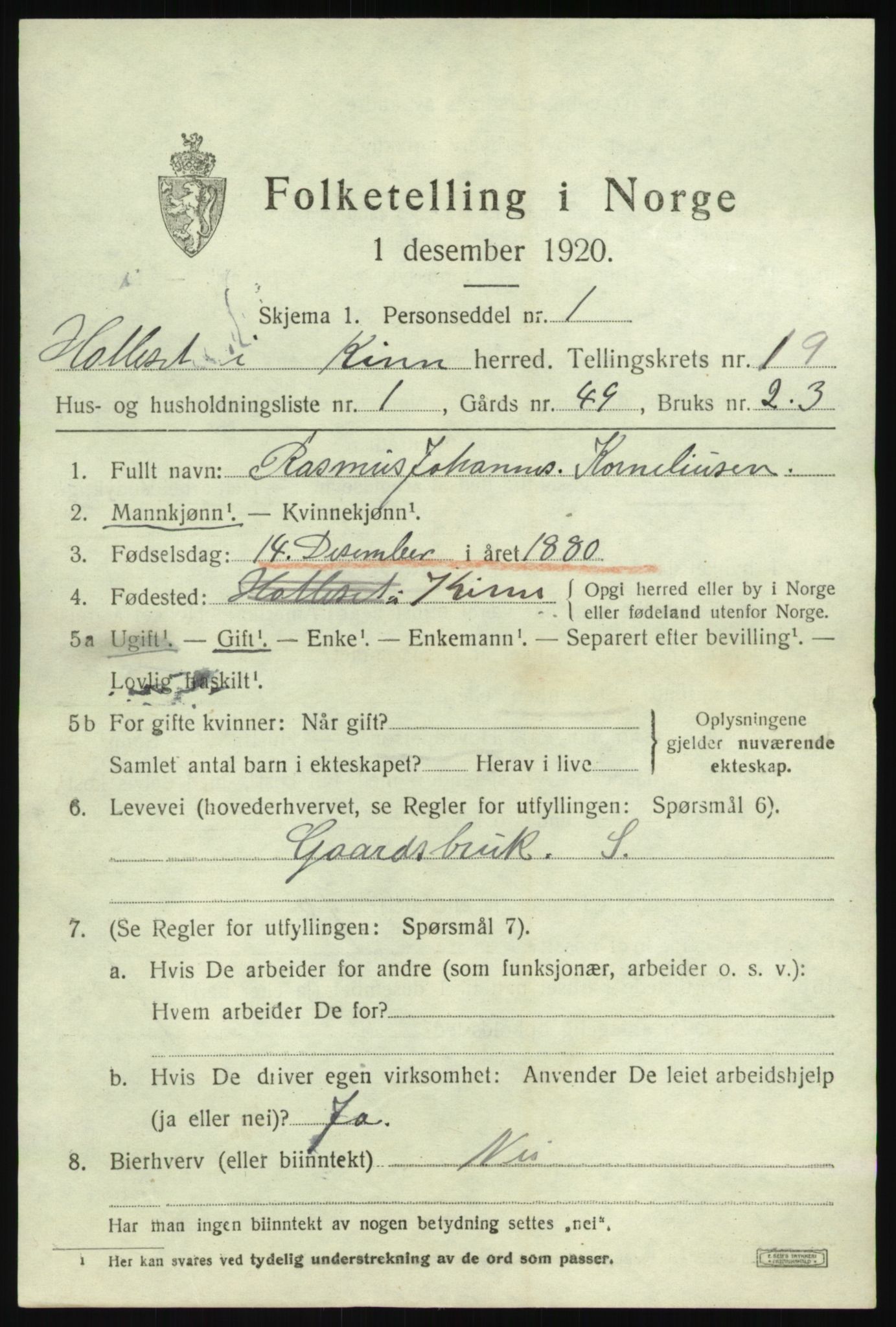 SAB, 1920 census for Kinn, 1920, p. 6991