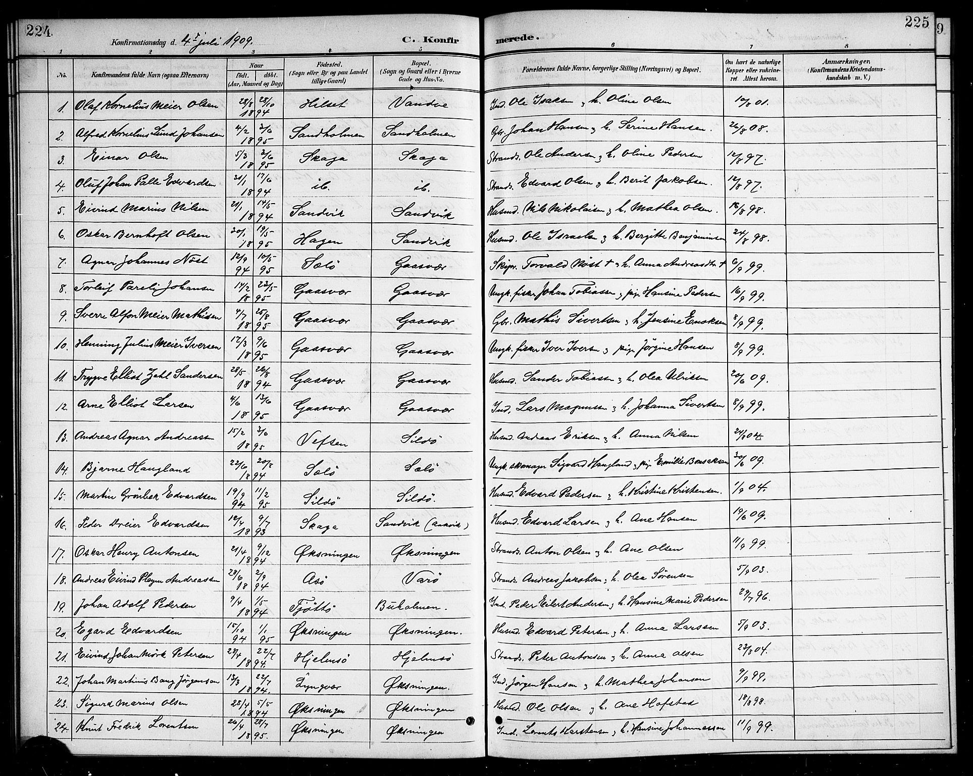 Ministerialprotokoller, klokkerbøker og fødselsregistre - Nordland, SAT/A-1459/834/L0516: Parish register (copy) no. 834C06, 1902-1918, p. 224-225