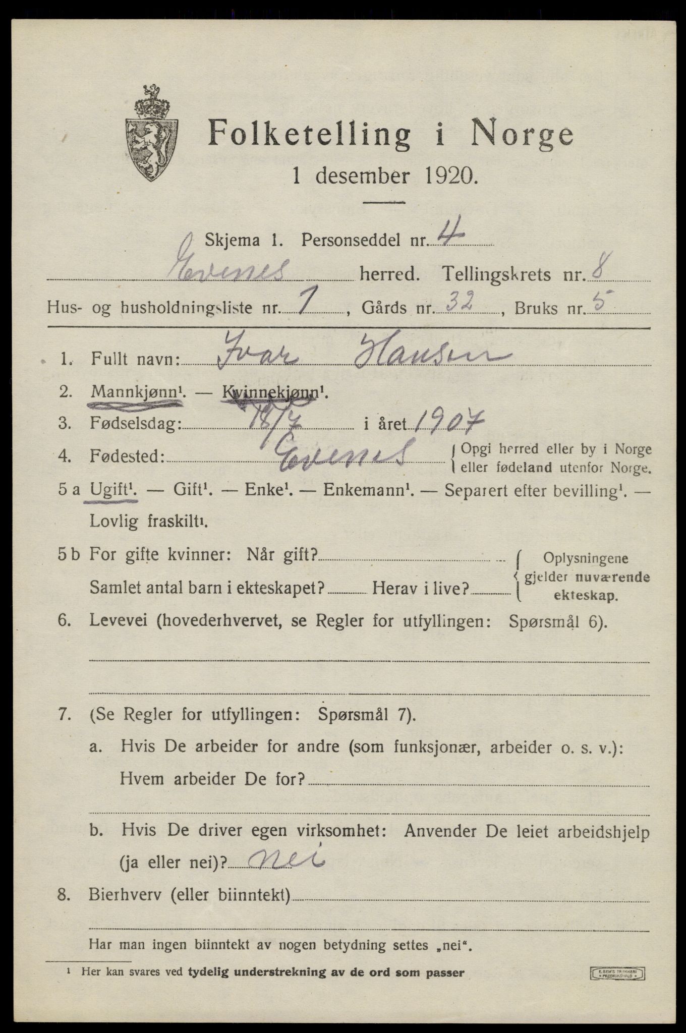 SAT, 1920 census for Evenes, 1920, p. 6536