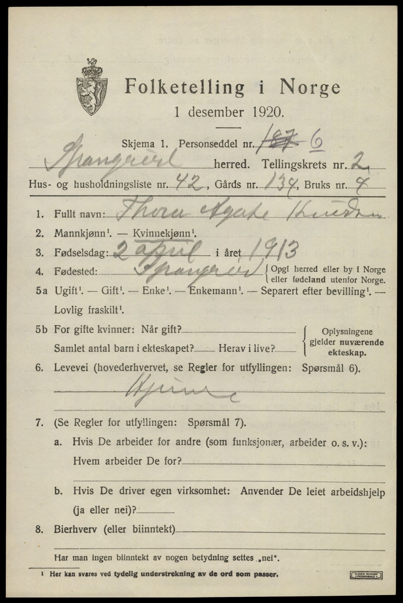 SAK, 1920 census for Spangereid, 1920, p. 1433