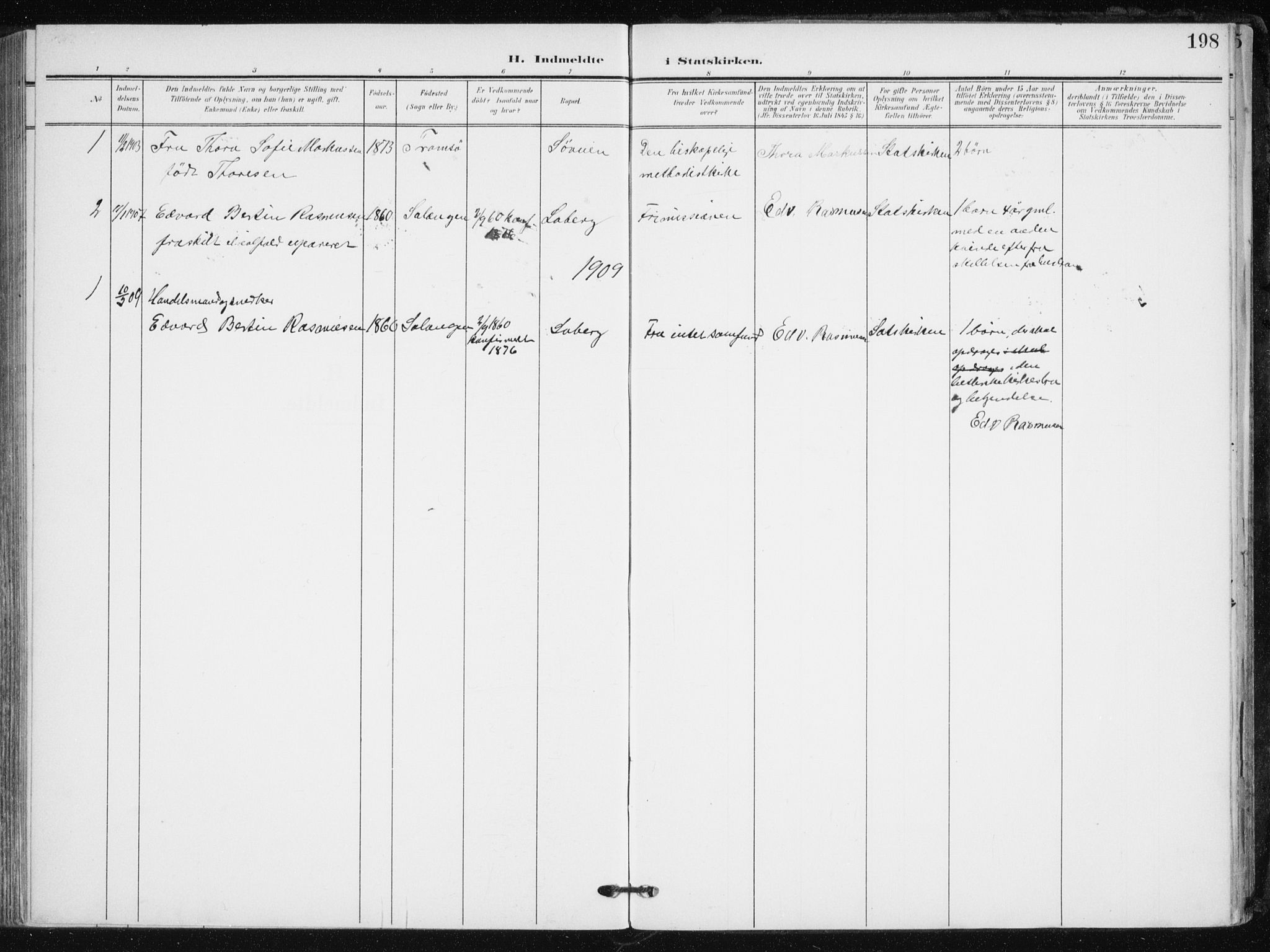 Salangen sokneprestembete, SATØ/S-1324/H/Ha/L0002kirke: Parish register (official) no. 2, 1902-1911, p. 198